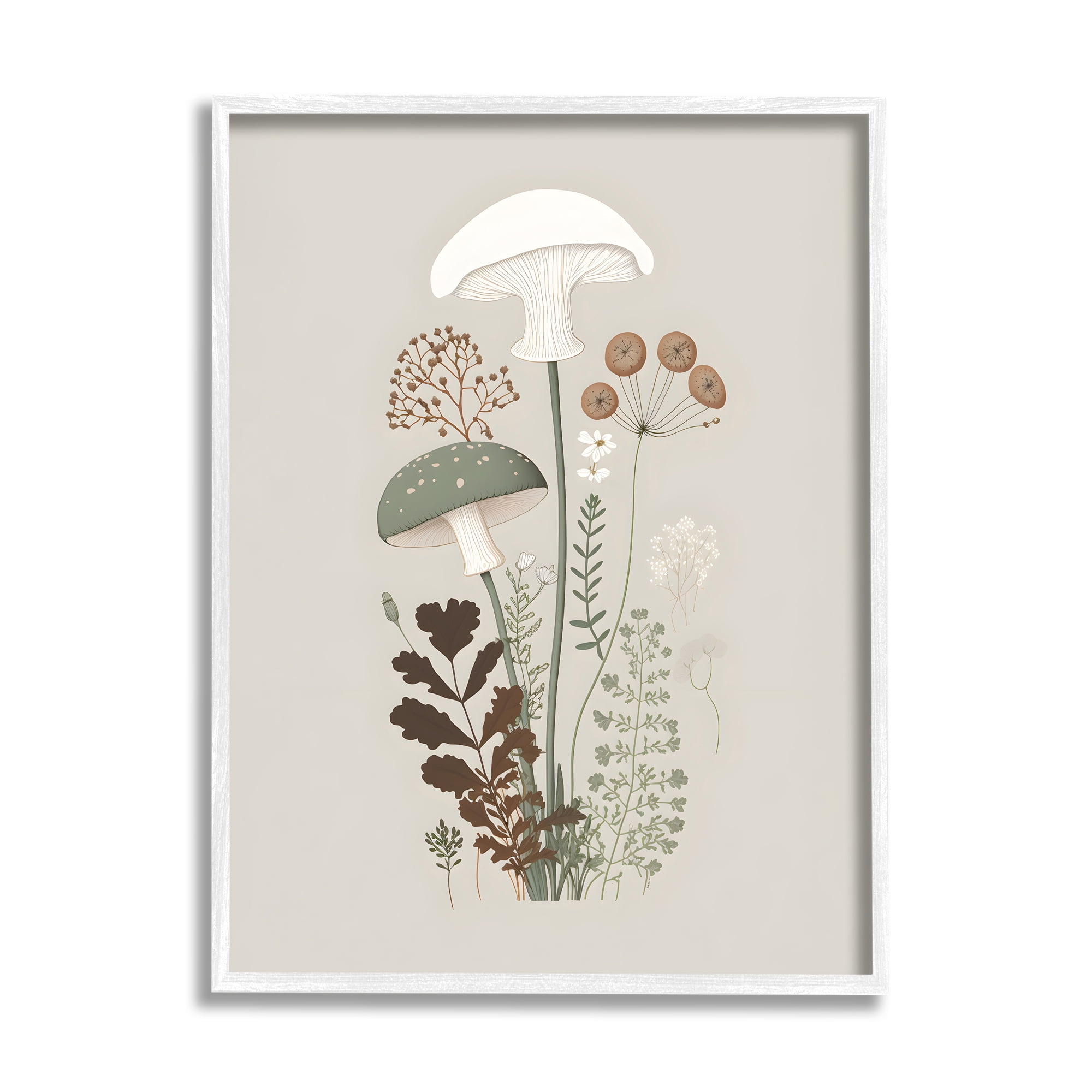 Stupell Industries Soft Mushrooms on Grey Botanical & Floral Painting White Framed Art Print Wall Art, 24 x 30