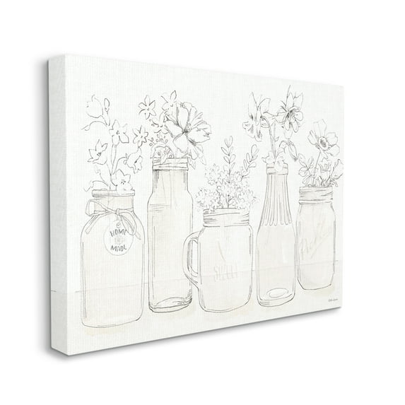 Stupell Industries Soft Muted Flower Arrangements Country Glass Jars Botanical & Floral Painting Gallery Wrapped Canvas Print Wall Art, 24 x 30