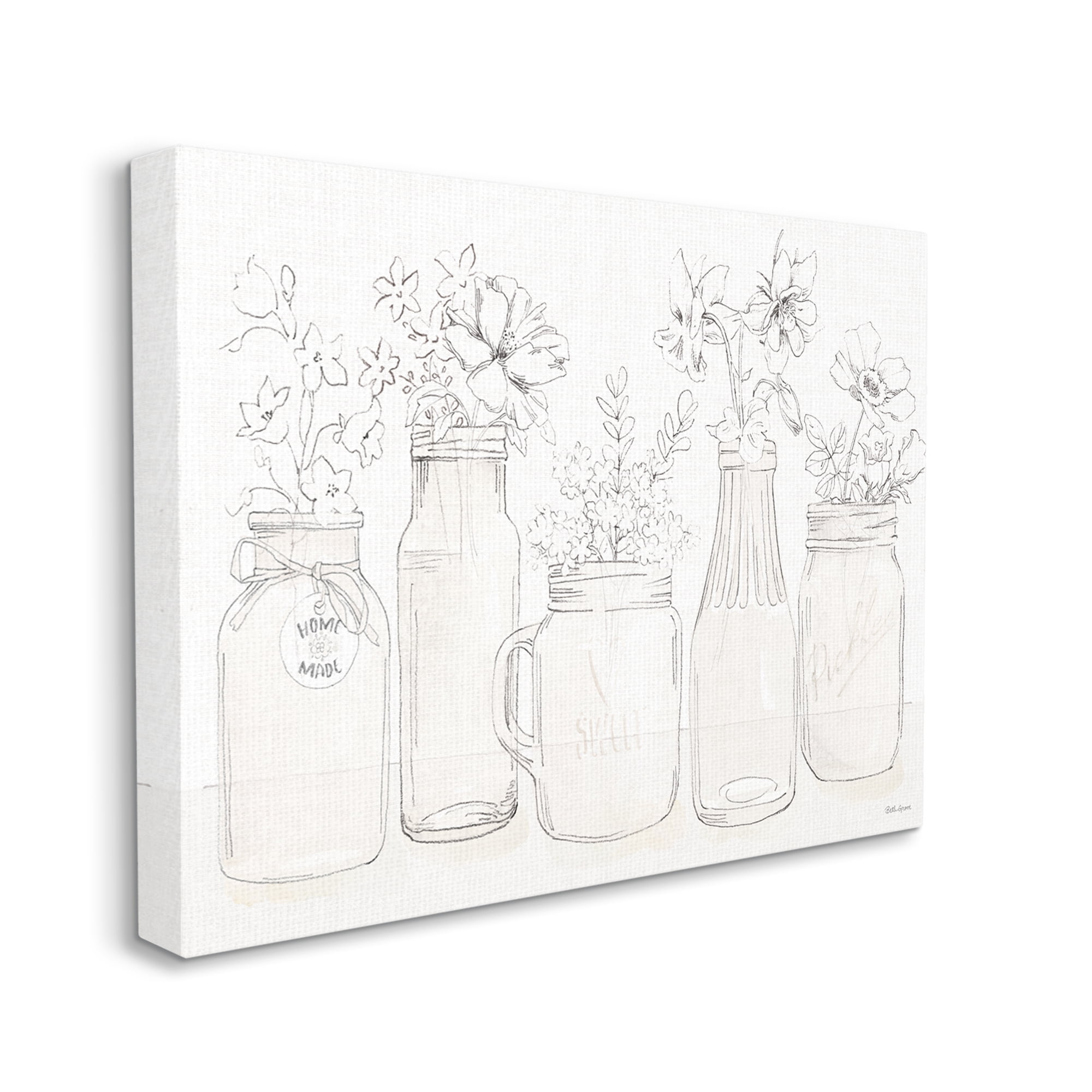 Stupell Industries Soft Muted Flower Arrangements Country Glass Jars Botanical & Floral Painting Gallery Wrapped Canvas Print Wall Art, 36 x 48