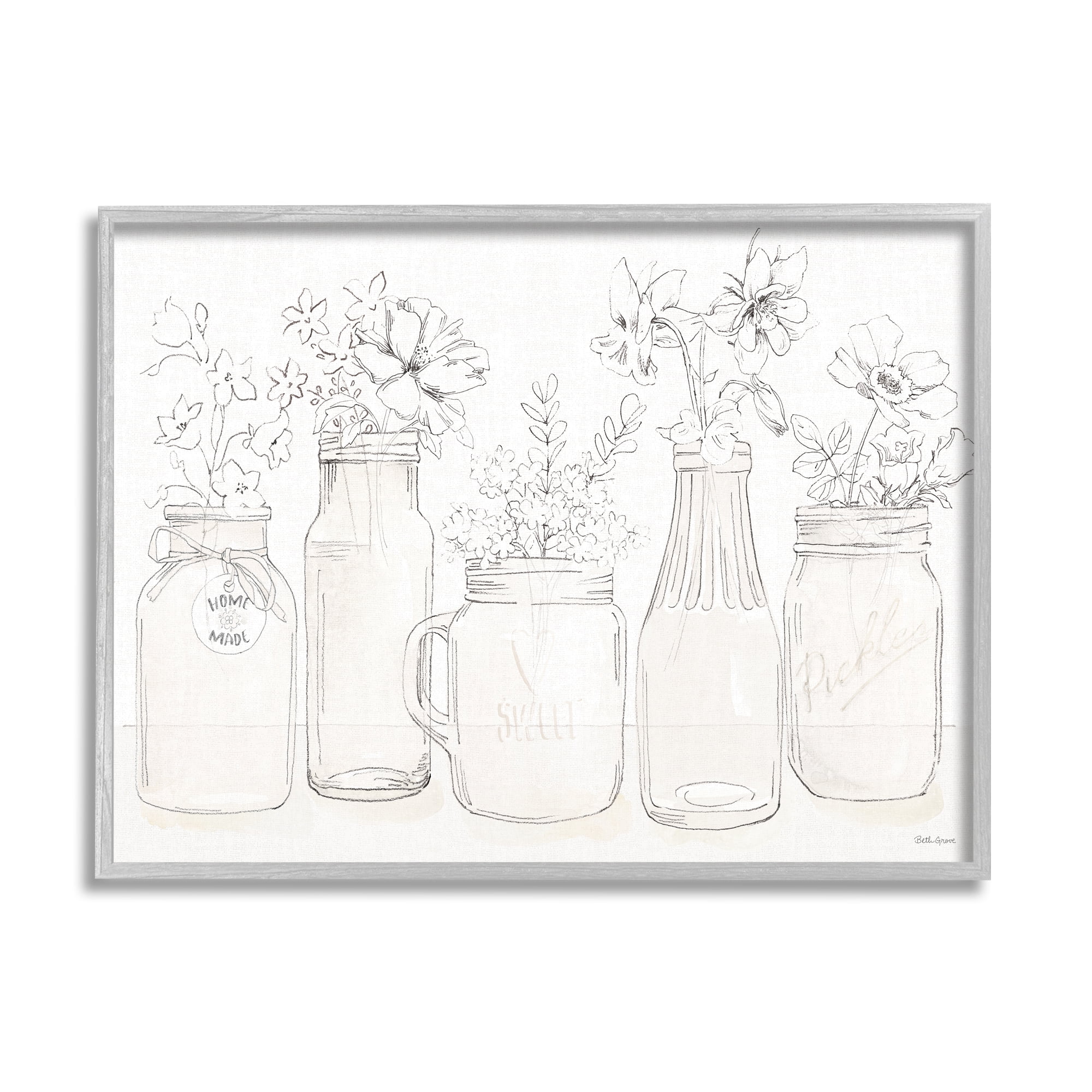 Stupell Industries Soft Muted Flower Arrangements Country Glass Jars Botanical & Floral Painting Gray Framed Art Print Wall Art, 16 x 20