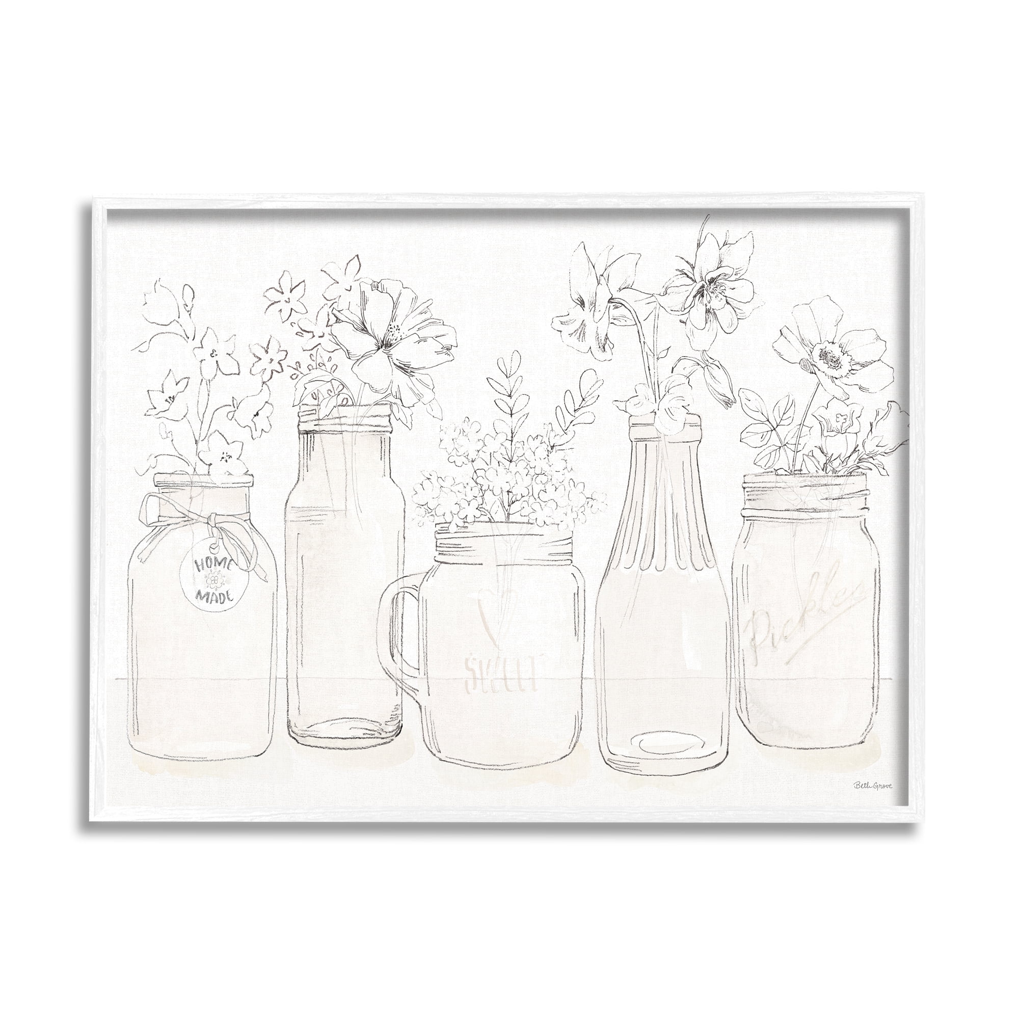 Stupell Industries Soft Muted Flower Arrangements Country Glass Jars Botanical & Floral Painting White Framed Art Print Wall Art, 24 x 30