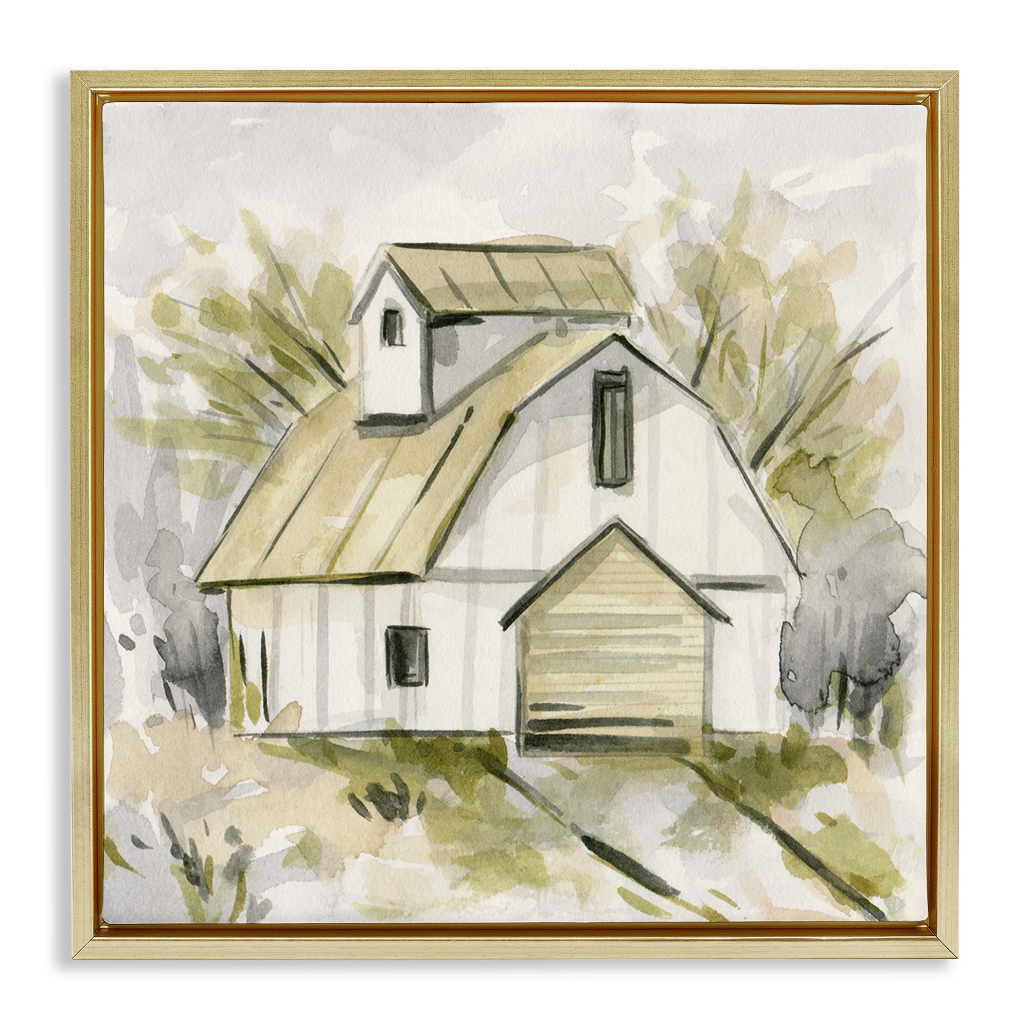 Stupell Industries Soft Neutral Barn Scenery Painting Gold Floater Framed Canvas Art Print Wall Art, 18 x 18