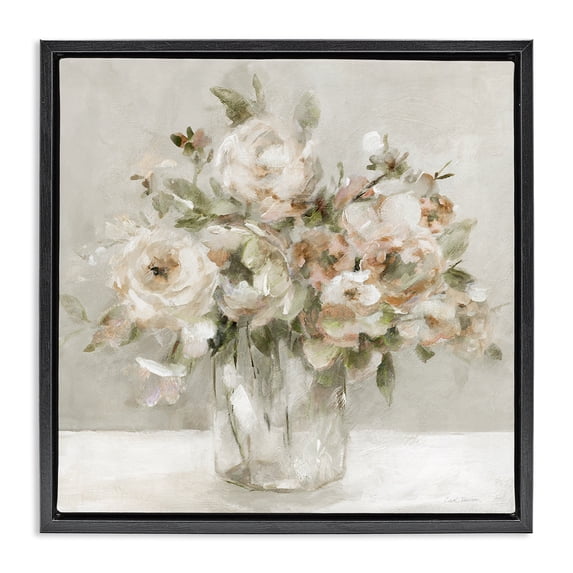 Stupell Industries Farmhouse Soft Neutral Floral Still Life Black Floating Frame Canvas Art, 18 x 18, by Carol Robinson