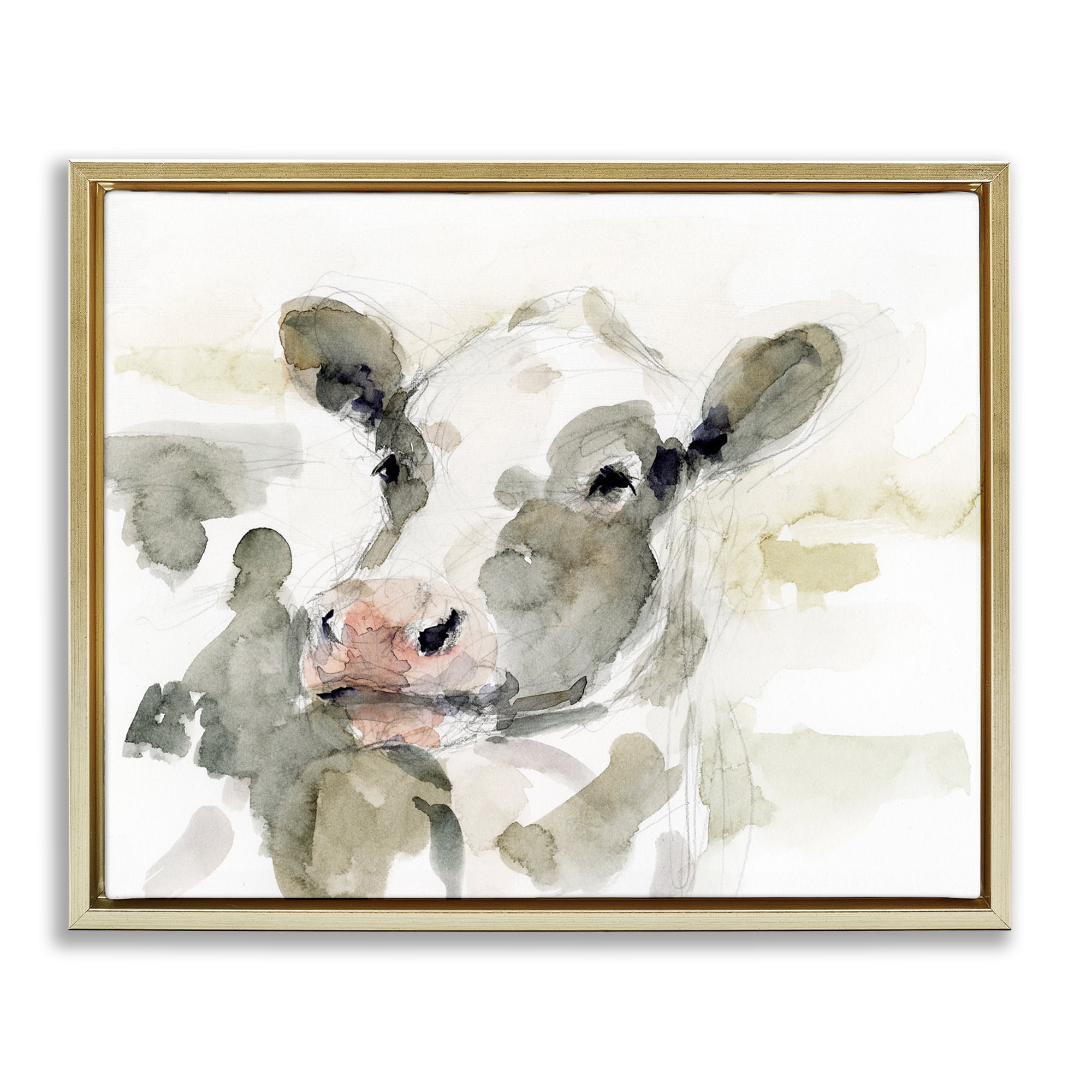 Stupell Industries Soft Painterly Cow Animals & Insects Painting Gold Floater Framed Canvas Art Print Wall Art, 31 x 25