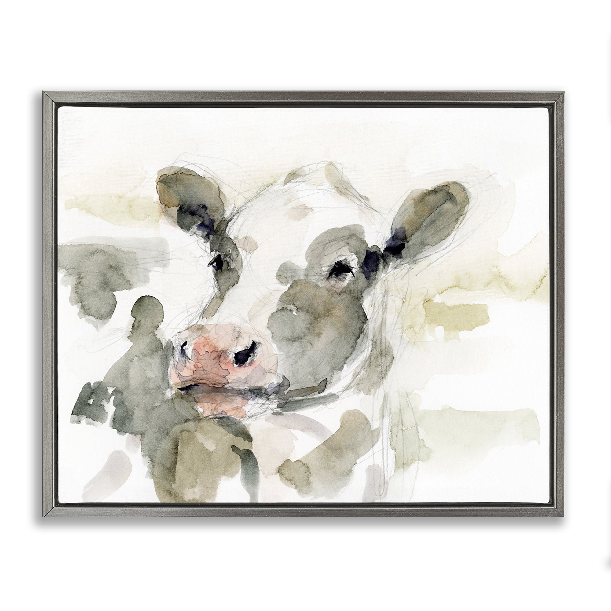 Stupell Industries Soft Painterly Cow Animals & Insects Painting Gray Floater Framed Canvas Art Print Wall Art, 21 x 17