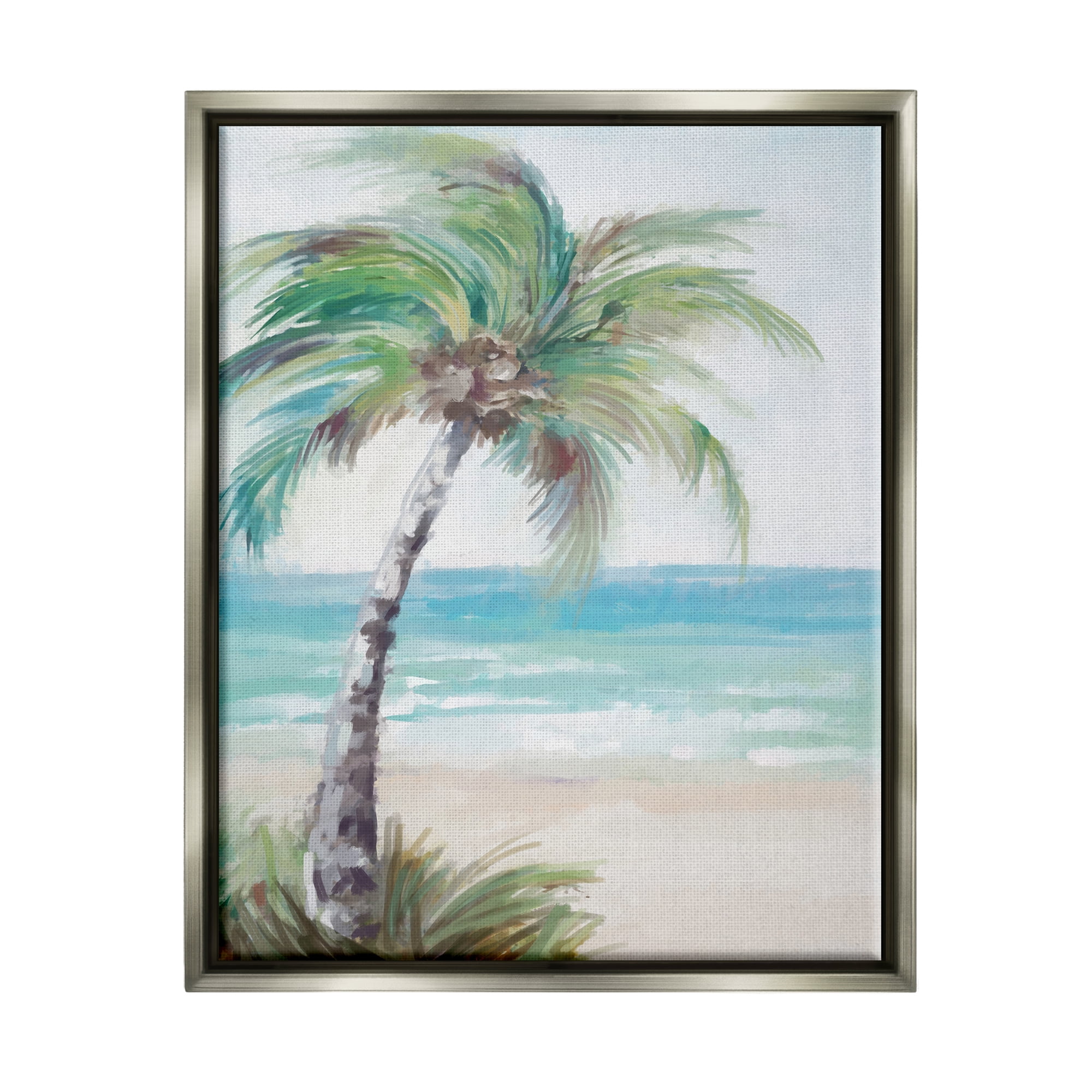 Stupell Industries Soft Palm Tree on Beach Landscape Painting Gray Floater Framed Canvas Art Print Wall Art, 25 x 31