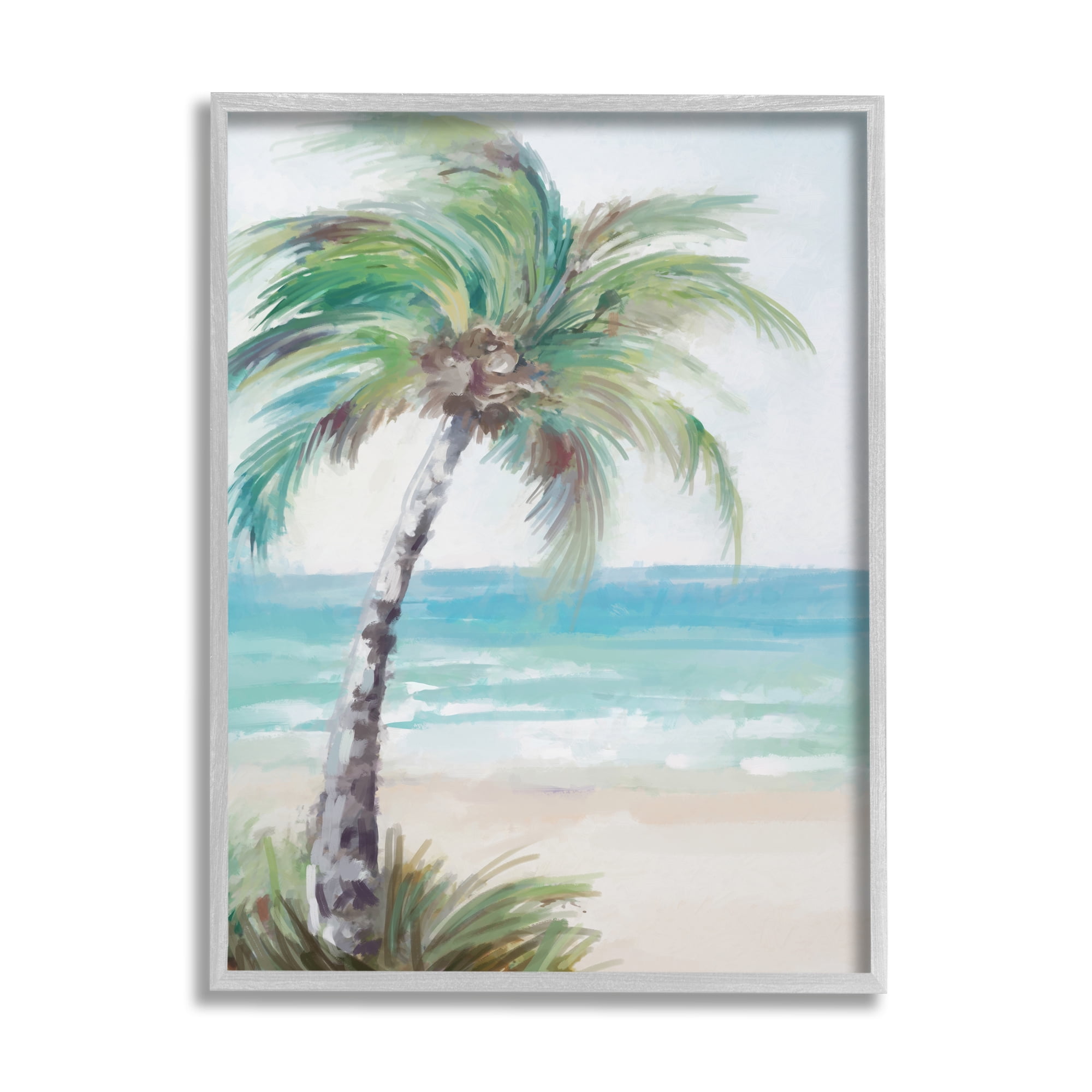 Stupell Industries Soft Palm Tree on Beach Landscape Painting Gray Framed Art Print Wall Art, 16 x 20