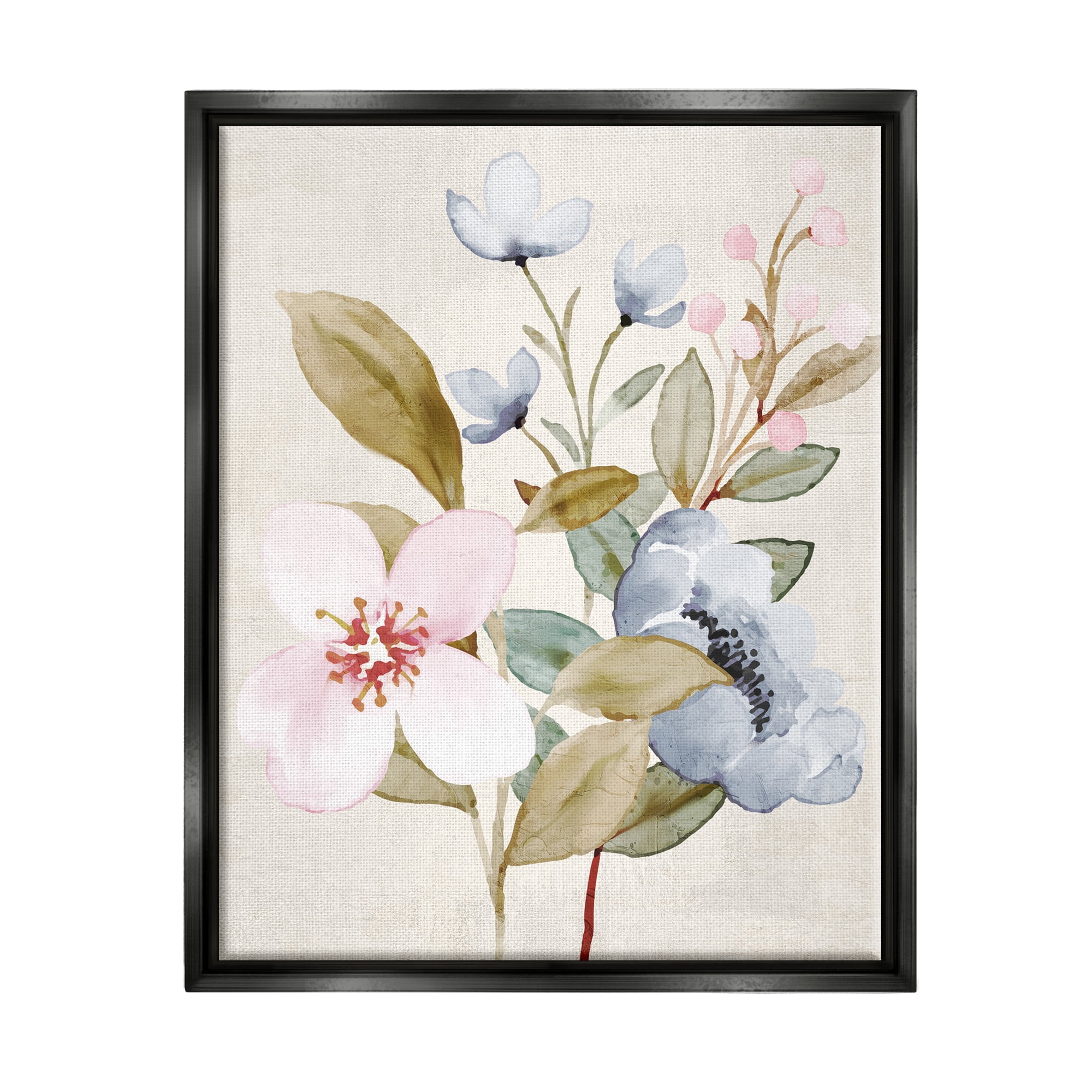 Stupell Industries Soft Pastel Flowers Botanical & Floral Painting Black Floater Framed Canvas Art Print Wall Art, 17 x 21