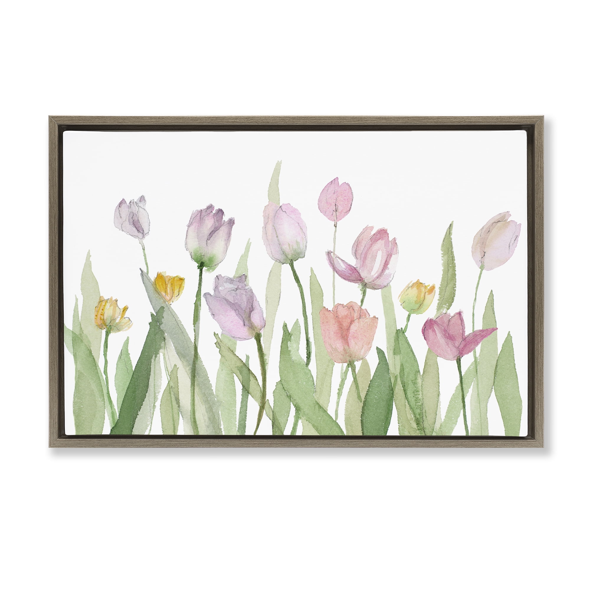 Stupell Industries Soft Pastel Tulips Plants & Flowers Painting Brown Floater Framed Canvas Art Print Wall Art, 25 x 17