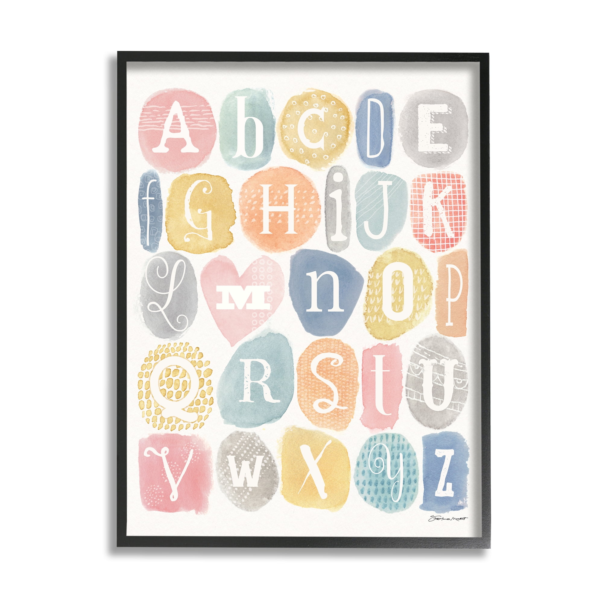 Stupell Industries Soft Pattern Watercolor Letters Alphabet Chart Typography Painting Black Framed Art Print Wall Art, 16 x 20