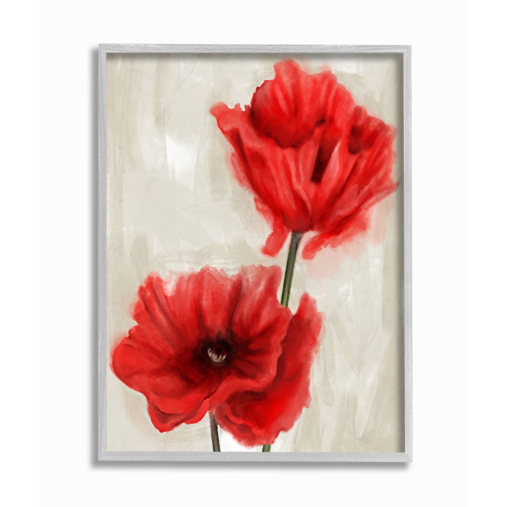 Soft Petal Poppies Red Beige Floral Painting with Gray Frame