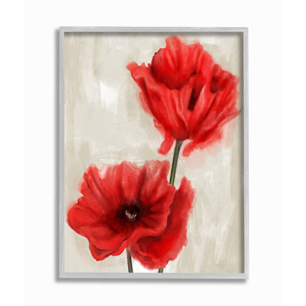 Stupell Industries Soft Petal Poppies Red Beige Floral Painting Framed Wall Art Design by Daphne Polselli, 16" x 20", Gray Framed
