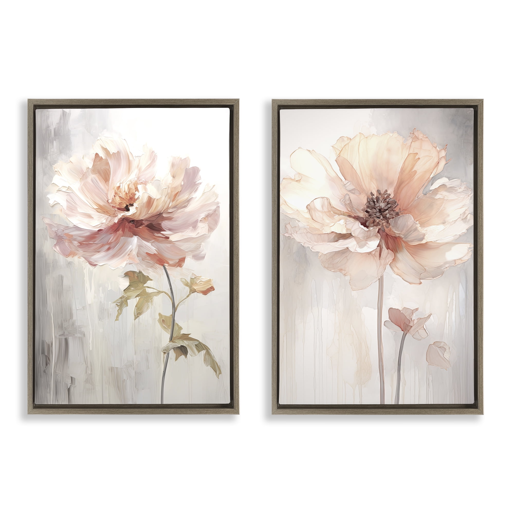 Stupell Industries Soft Pink Budding Flowers Plants & Flowers Painting Brown Floater Framed Canvas Art Print Wall Art, 21 x 31, Set of 2