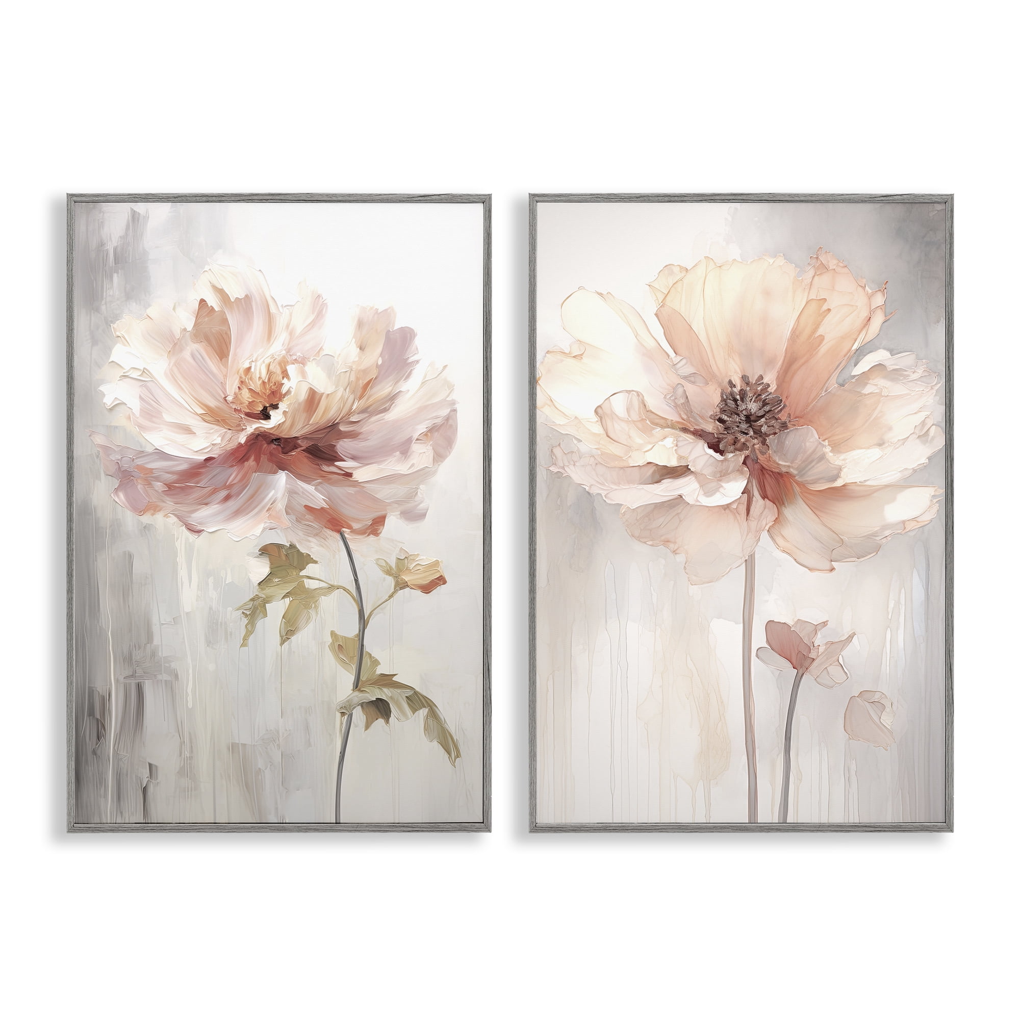 Stupell Industries Soft Pink Budding Flowers Plants & Flowers Painting Gray Framed Art Print Wall Art, 20 x 30, Set of 2