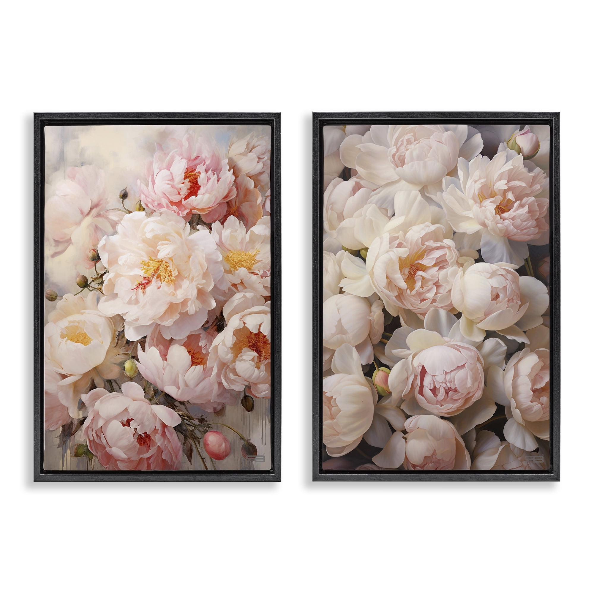 Stupell Industries Soft Pink Cabbage Roses Plants & Flowers Painting Black Floater Framed Canvas Art Print Wall Art, 17 x 25, Set of 2