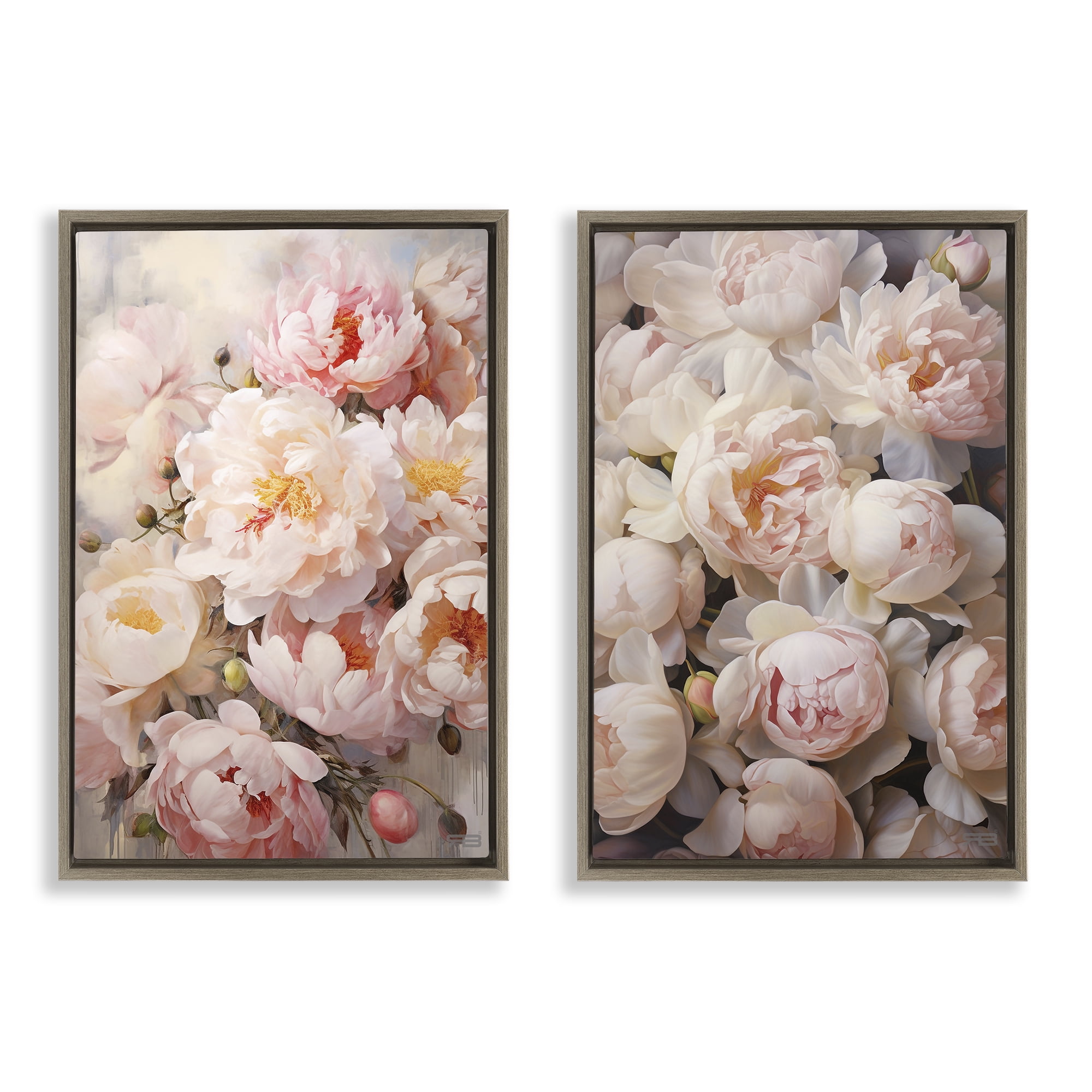 Stupell Industries Soft Pink Cabbage Roses Plants & Flowers Painting Brown Floater Framed Canvas Art Print Wall Art, 21 x 31, Set of 2