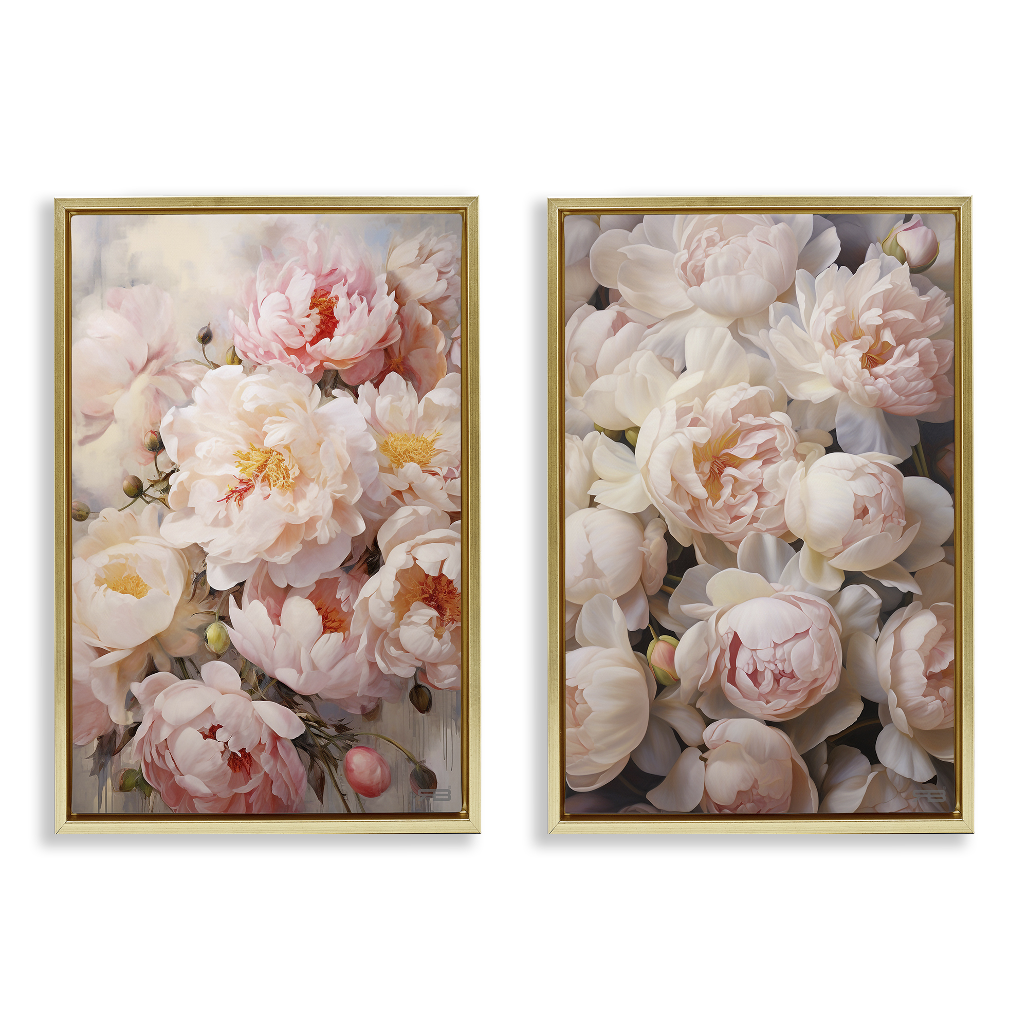 Stupell Industries Soft Pink Cabbage Roses Plants & Flowers Painting Gold Floater Framed Canvas Art Print Wall Art, 21 x 31, Set of 2