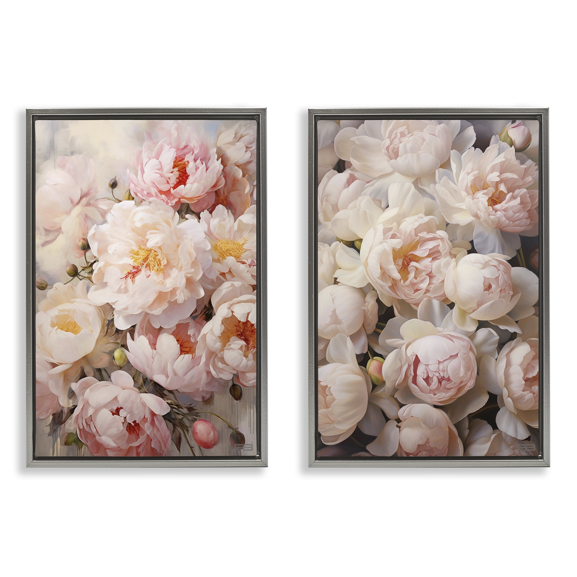 Stupell Industries Soft Pink Cabbage Roses Plants & Flowers Painting Gray Floater Framed Canvas Art Print Wall Art, 21 x 31, Set of 2