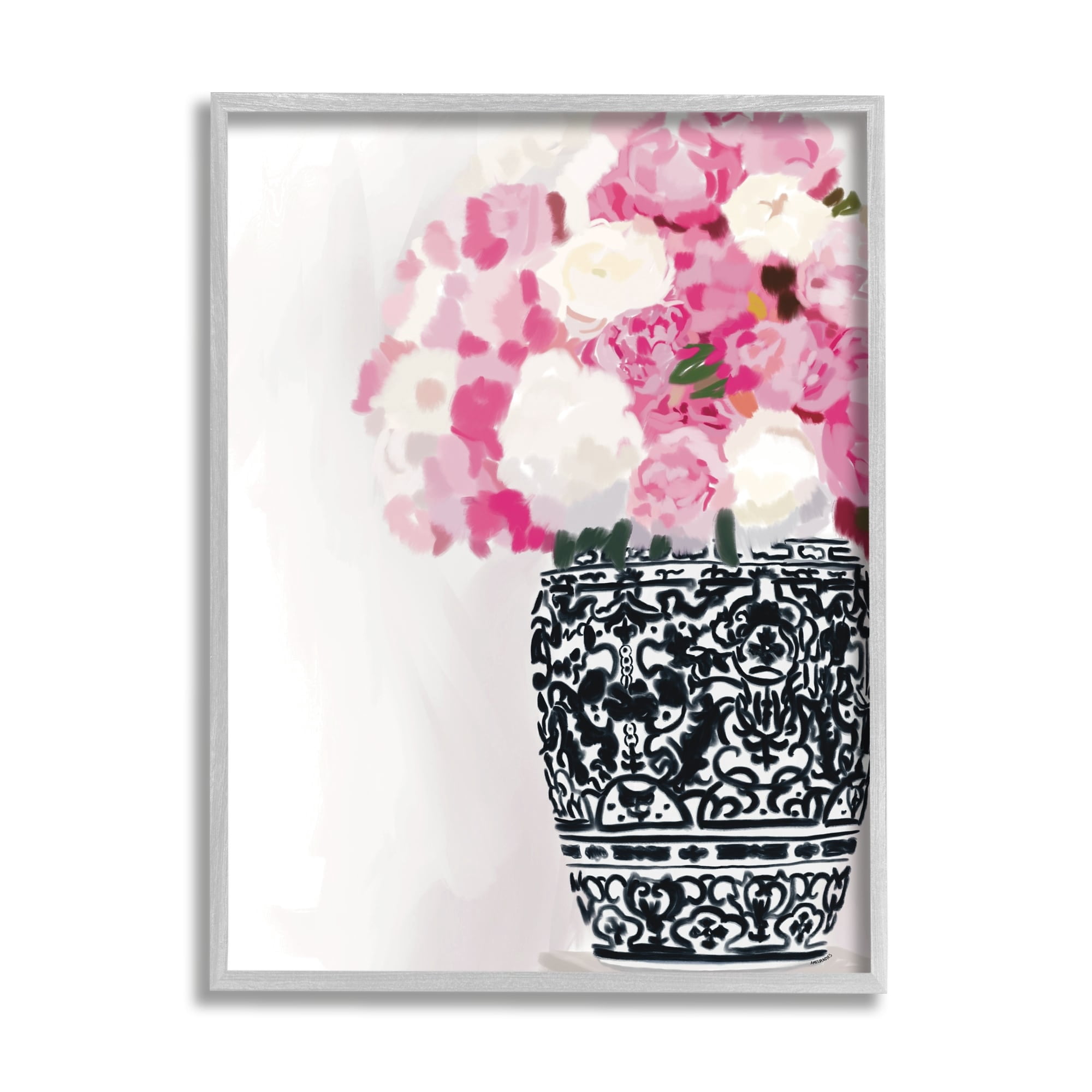 Stupell Industries Soft Pink Carnation Blooms Ornate Pattern Pottery Vase Graphic Art Gray Framed Art Print Wall Art, Design by Amelia Noyes