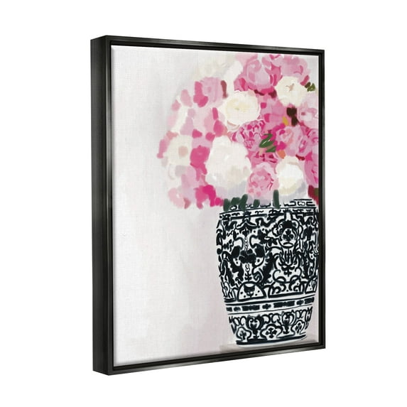 Stupell Industries Soft Pink Carnation Blooms Ornate Pattern Pottery Vase Graphic Art Jet Black Floating Framed Canvas Print Wall Art, Design by Amelia Noyes