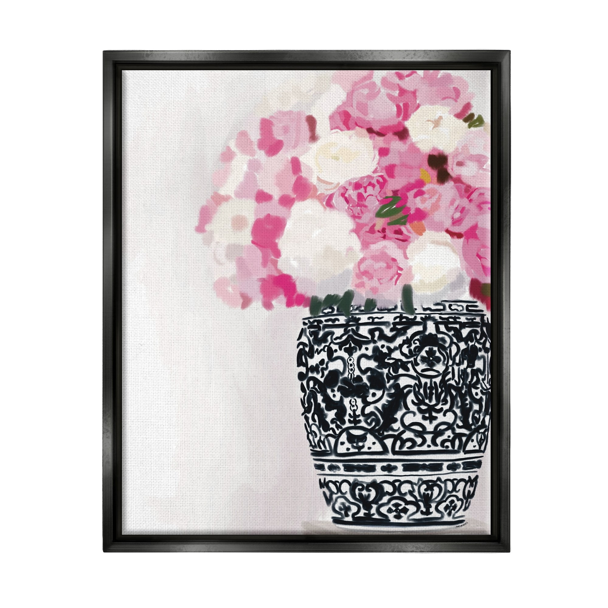 Stupell Industries Soft Pink Carnation Blooms Ornate Pattern Pottery Vase Graphic Art Jet Black Floating Framed Canvas Print Wall Art, Design by Amelia Noyes