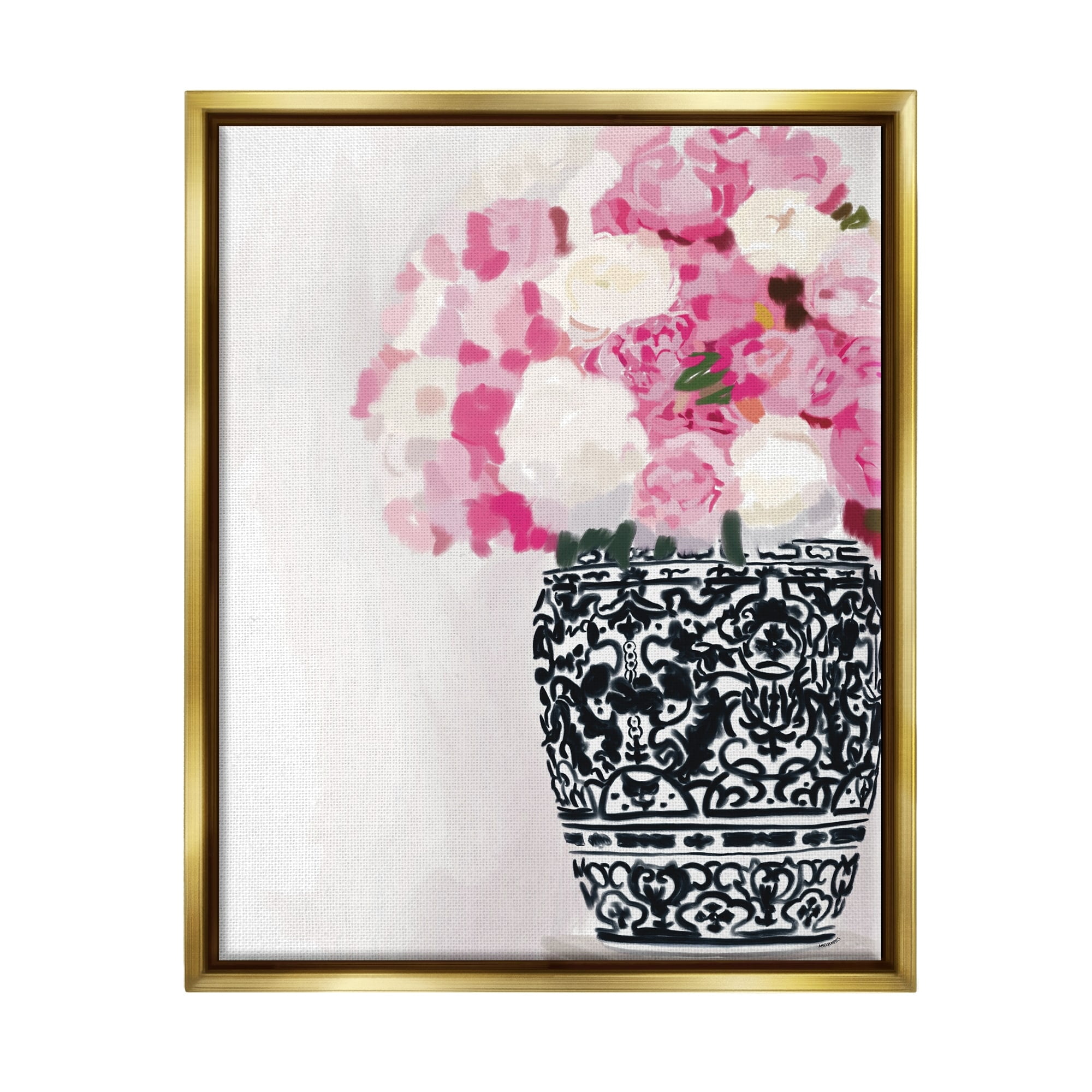 Stupell Industries Soft Pink Carnation Blooms Ornate Pattern Pottery Vase Graphic Art Metallic Gold Floating Framed Canvas Print Wall Art, Design by Amelia Noyes
