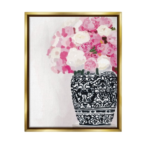 Stupell Industries Soft Pink Carnation Blooms Ornate Pattern Pottery Vase Graphic Art Metallic Gold Floating Framed Canvas Print Wall Art, Design by Amelia Noyes