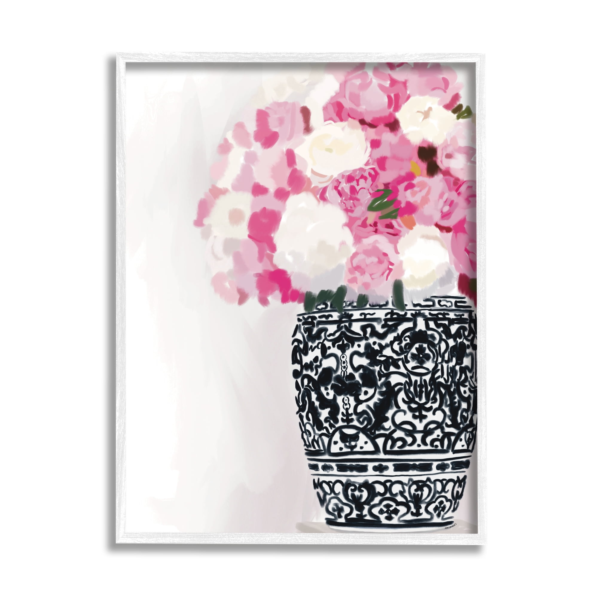 Stupell Industries Soft Pink Carnation Blooms Ornate Pattern Pottery Vase Graphic Art White Framed Art Print Wall Art, Design by Amelia Noyes