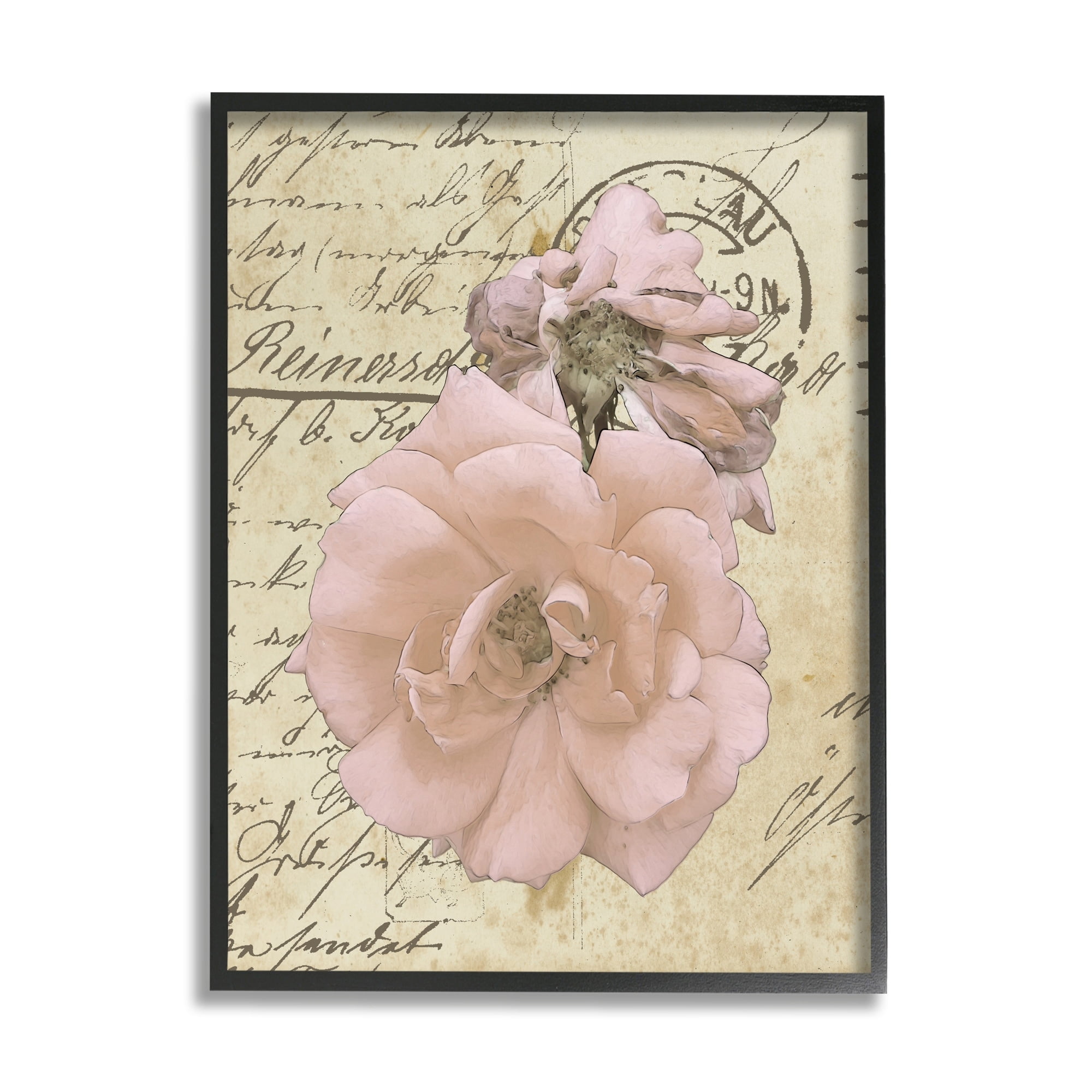 Stupell Industries Soft Pink Florals on Vintage Postal Letter,11 x 14,Designed by Alonzo Saunders