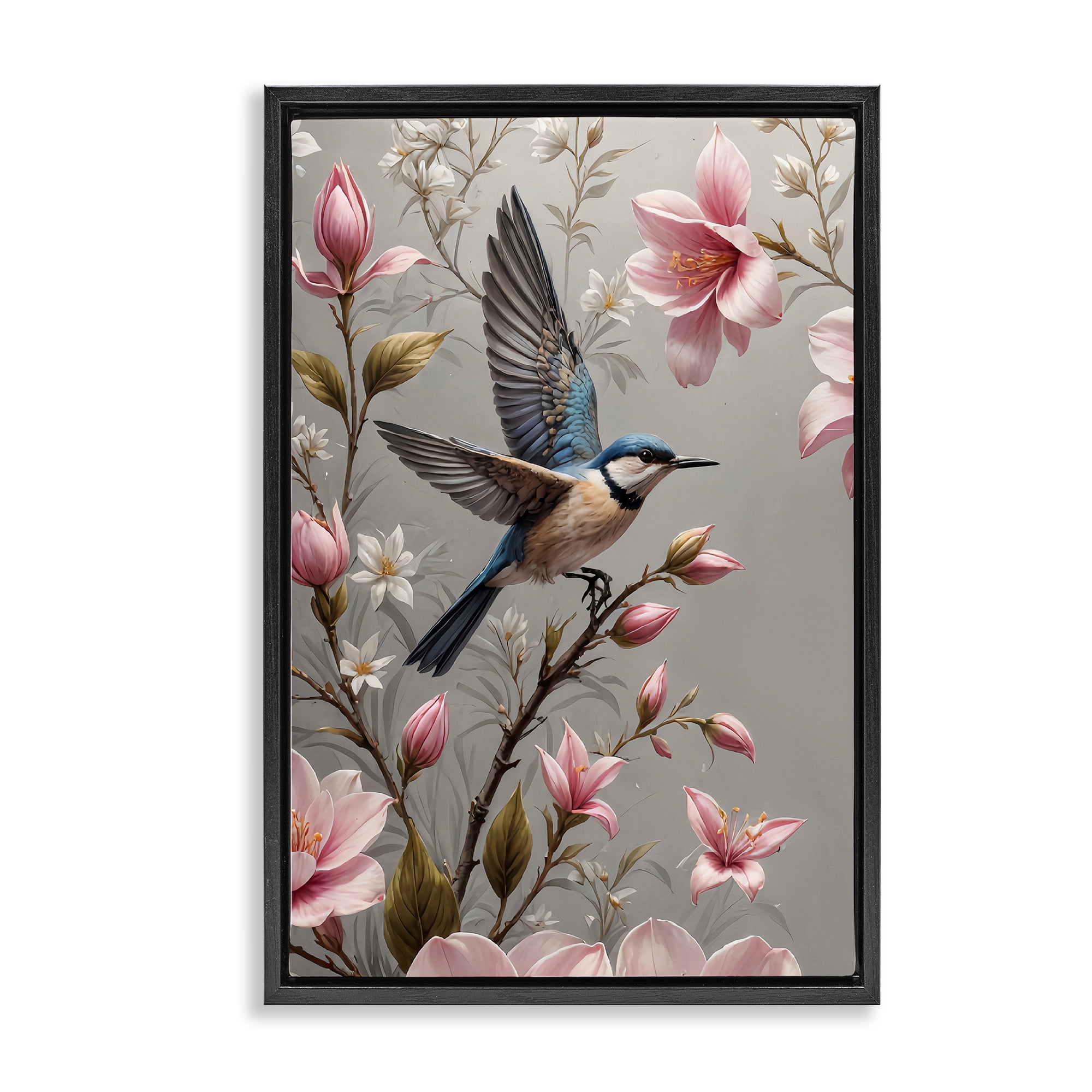 Stupell Industries Soft Pink Florals with Bird Animals Painting Black Floater Framed Canvas Art Print Wall Art, 17 x 25