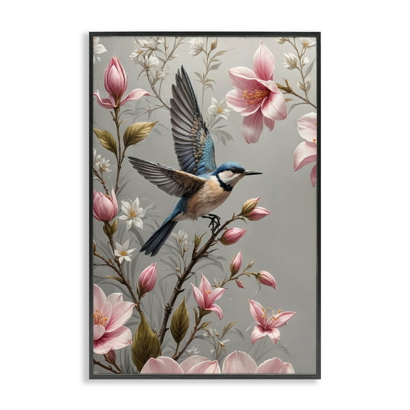 Stupell Industries Soft Pink Florals with Bird Animals Painting Black Framed Art Print Wall Art, 12 x 18