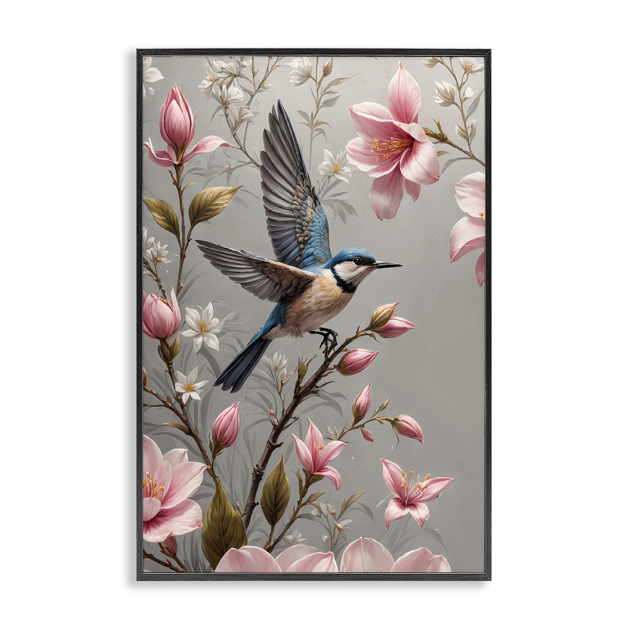 Stupell Industries Soft Pink Florals with Bird Animals Painting Black Framed Art Print Wall Art, 16 x 24