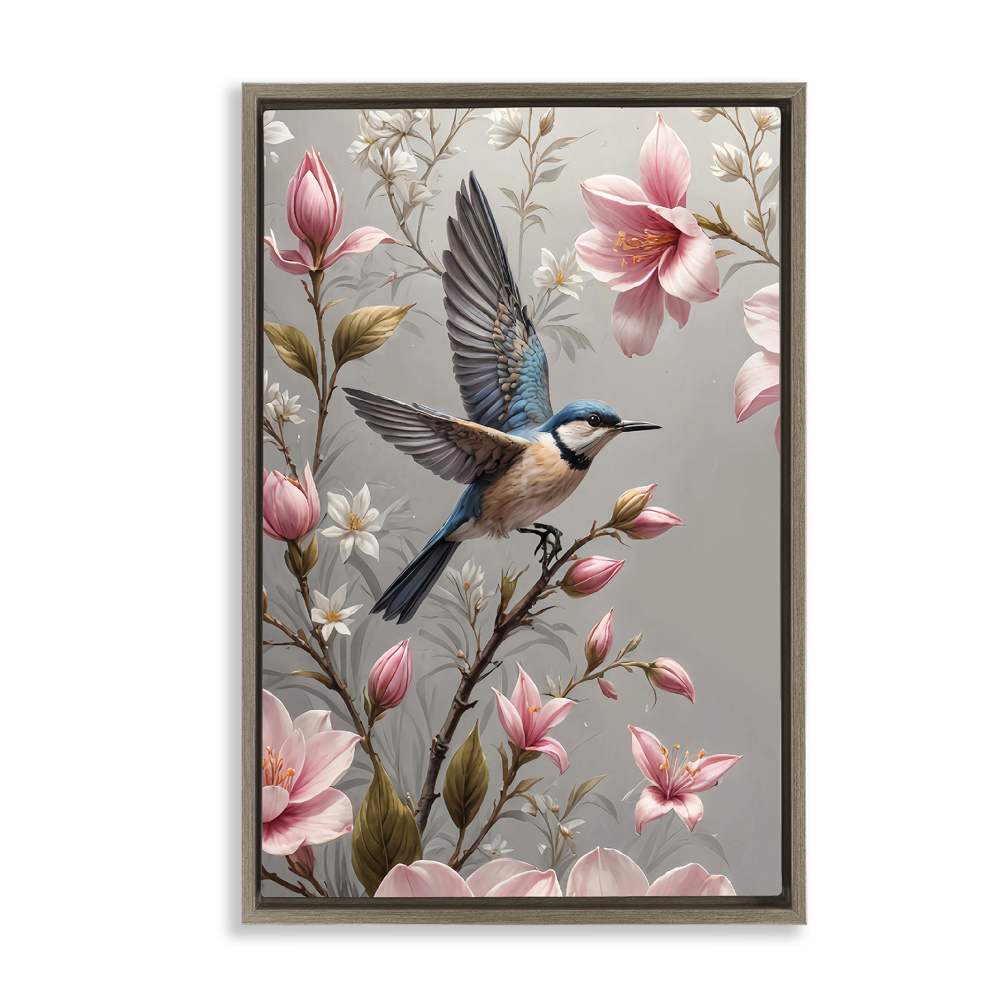 Stupell Industries Soft Pink Florals with Bird Animals Painting Brown Floater Framed Canvas Art Print Wall Art, 21 x 31