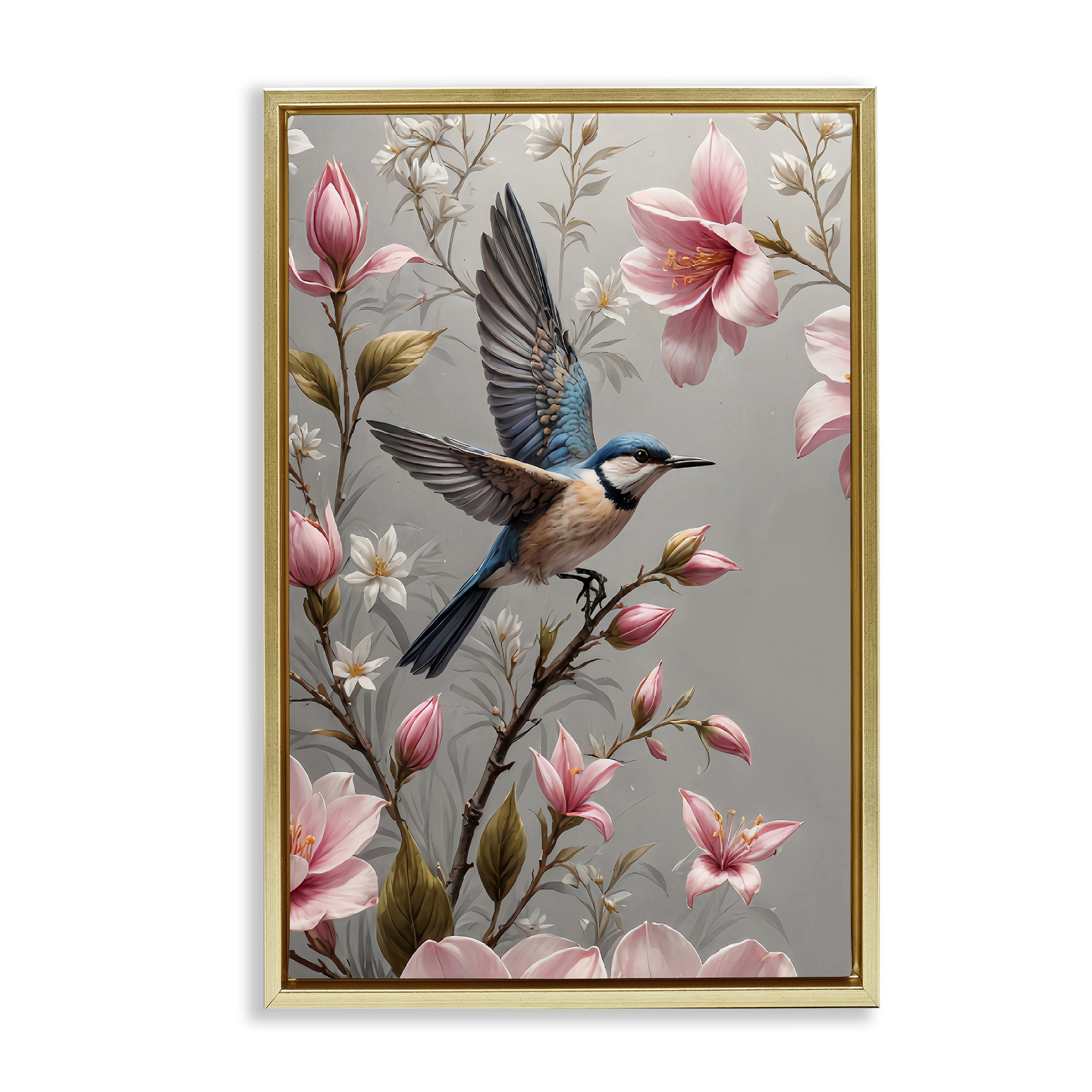 Stupell Industries Soft Pink Florals with Bird Animals Painting Gold Floater Framed Canvas Art Print Wall Art, 17 x 25