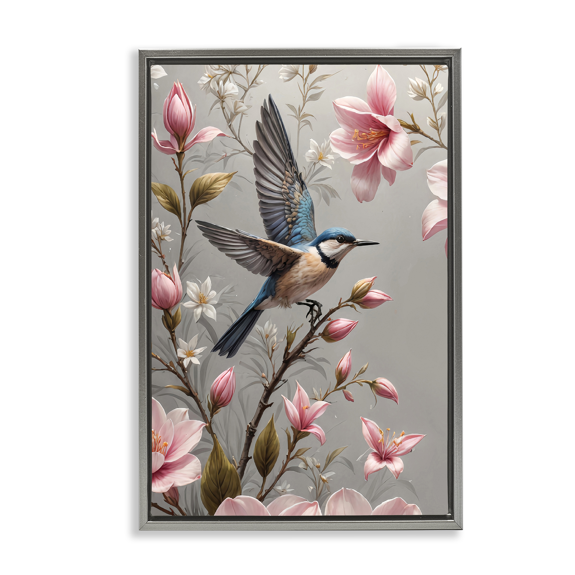 Stupell Industries Soft Pink Florals with Bird Animals Painting Gray Floater Framed Canvas Art Print Wall Art, 21 x 31