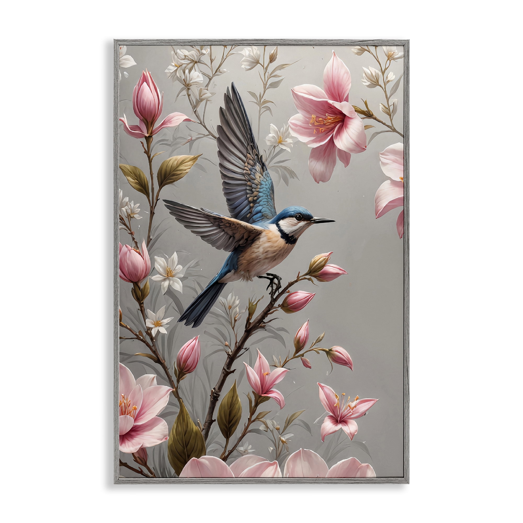 Stupell Industries Soft Pink Florals with Bird Animals Painting Gray Framed Art Print Wall Art, 20 x 30