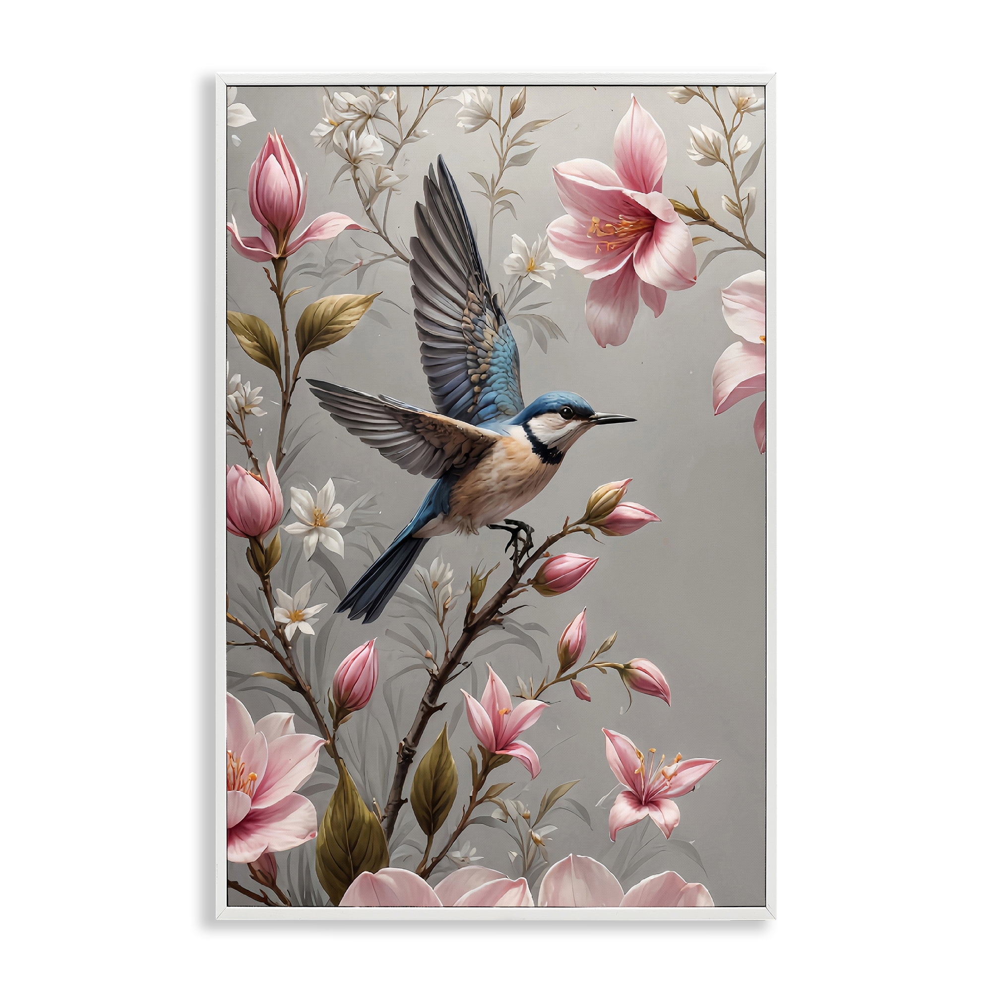 Stupell Industries Soft Pink Florals with Bird Animals Painting White Framed Art Print Wall Art, 20 x 30
