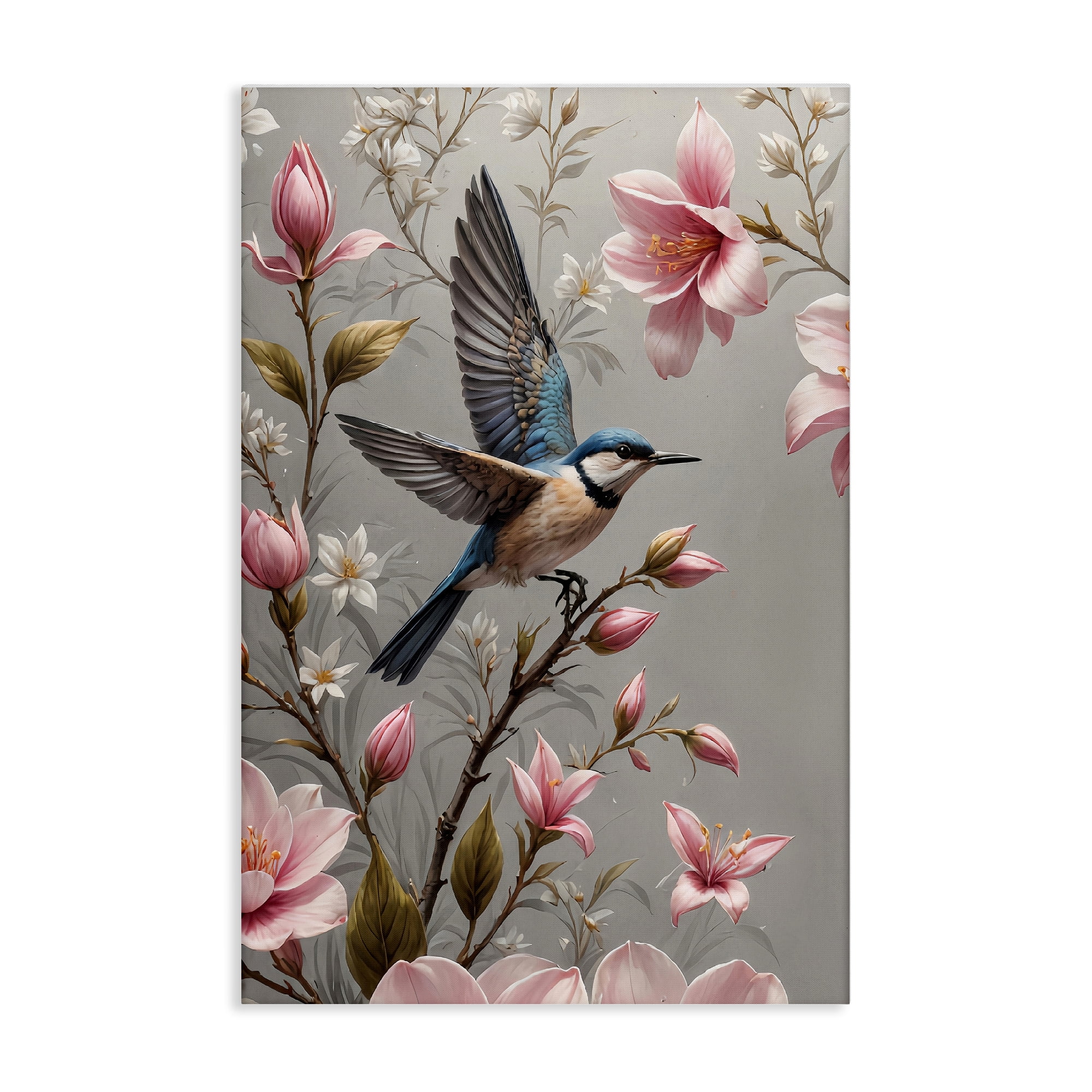 Stupell Industries Soft Pink Florals with Bird Animals Painting Wrapped Canvas Art Print Wall Art, 24 x 36