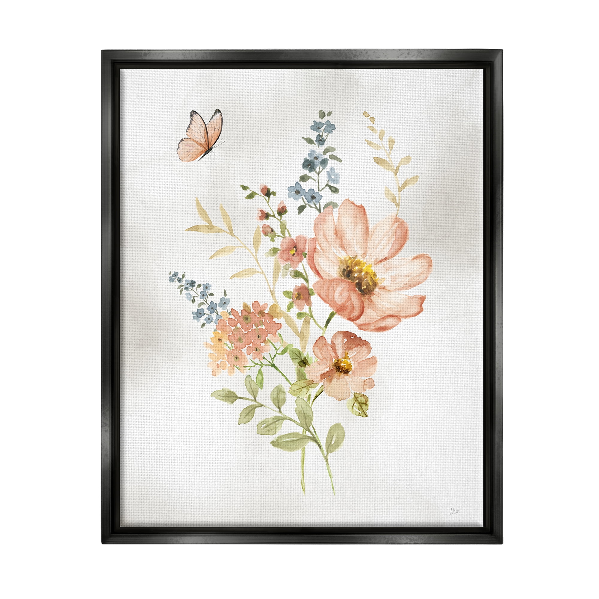 Stupell Industries Soft Pink Flower Sprigs Botanical & Floral Painting Black Floater Framed Canvas Art Print Wall Art, 17 x 21