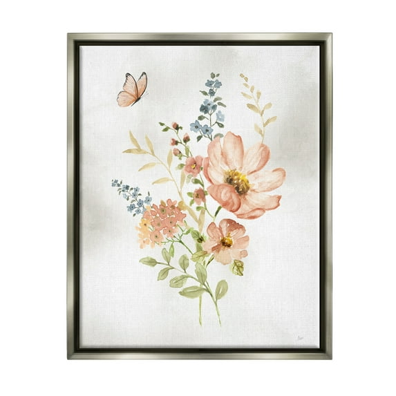 Stupell Industries Soft Pink Flower Sprigs Botanical & Floral Painting Gray Floater Framed Canvas Art Print Wall Art, 17 x 21
