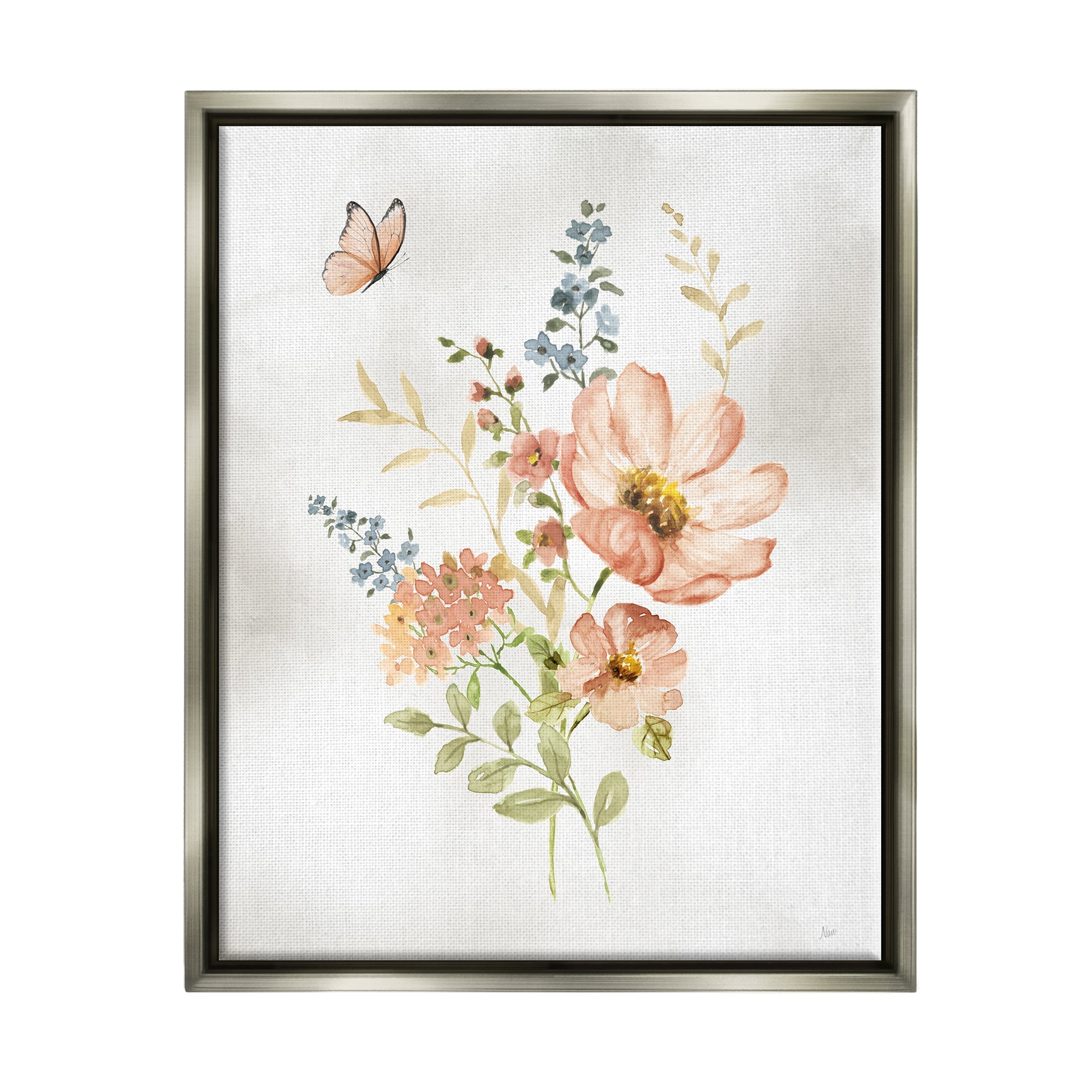 Stupell Industries Soft Pink Flower Sprigs Botanical & Floral Painting Gray Floater Framed Canvas Art Print Wall Art, 25 x 31