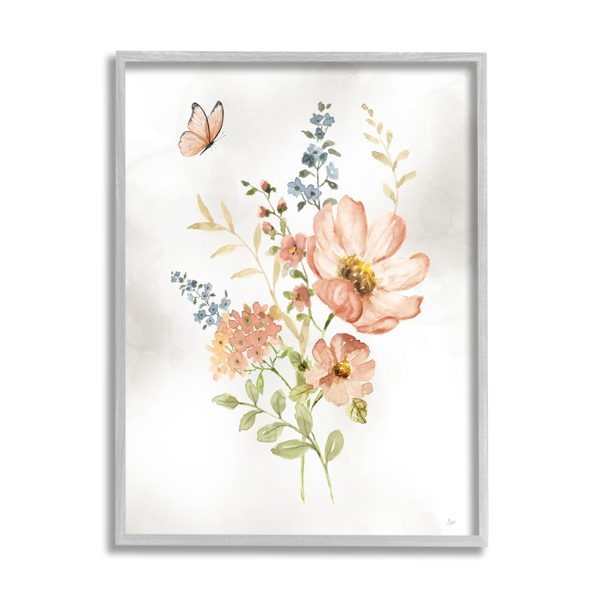 Stupell Industries Soft Pink Flower Sprigs Botanical & Floral Painting Gray Framed Art Print Wall Art, 11 x 14