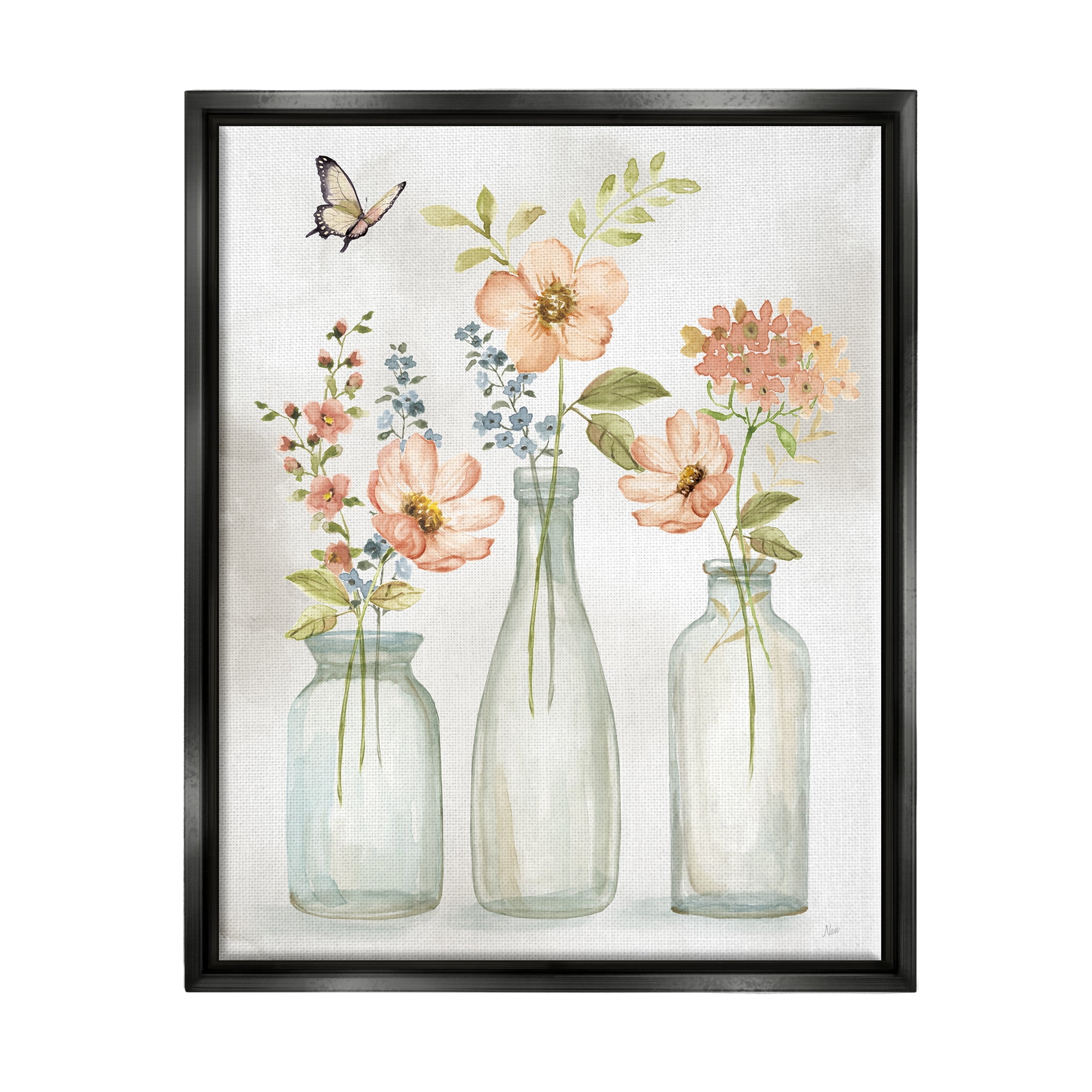 Stupell Industries Soft Pink Flower Vases Botanical & Floral Painting Black Floater Framed Canvas Art Print Wall Art, 25 x 31
