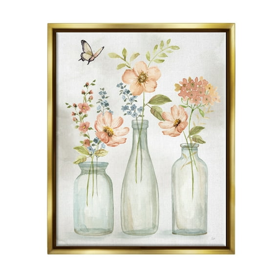 Stupell Industries Soft Pink Flower Vases Botanical & Floral Painting Gold Floater Framed Canvas Art Print Wall Art, 17 x 21