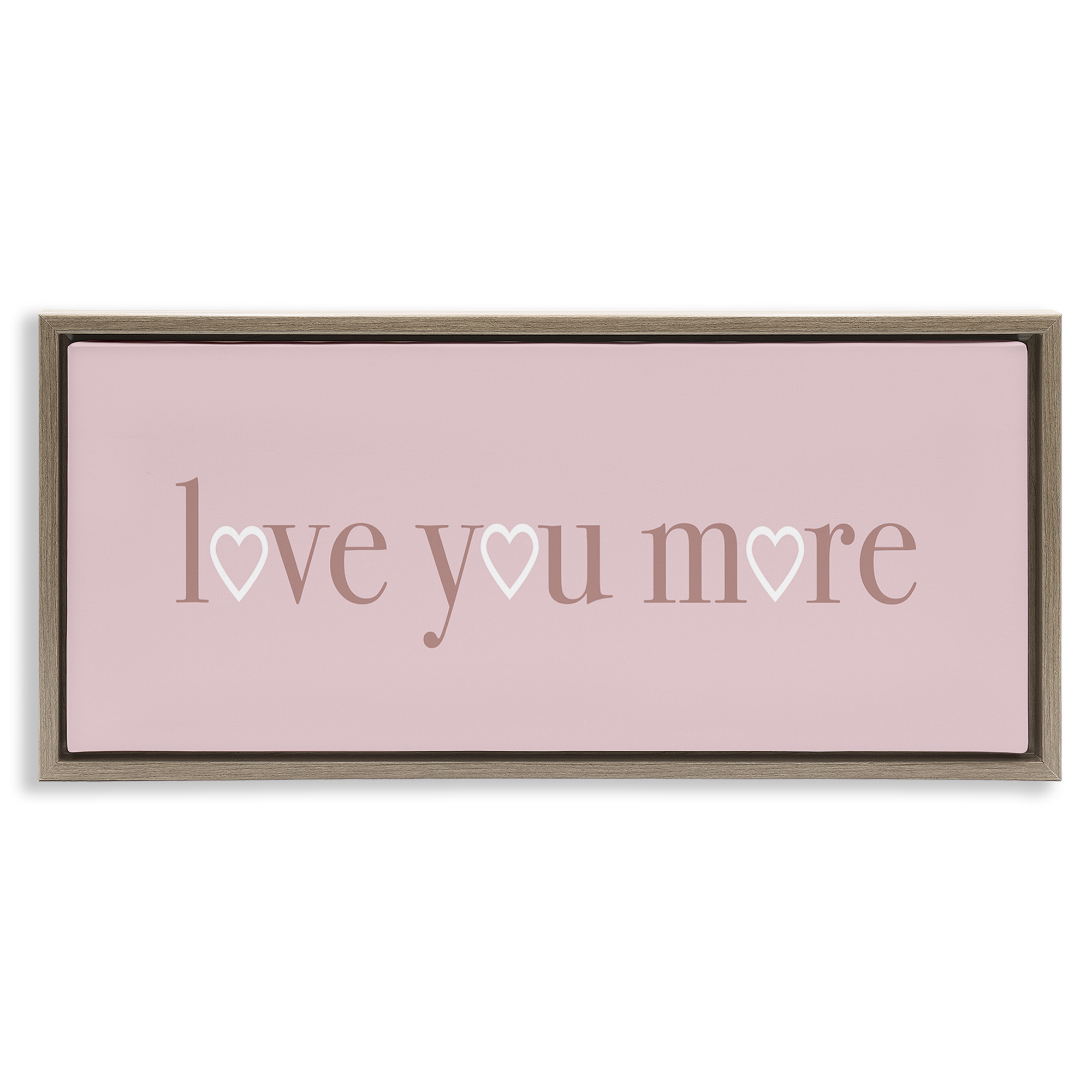 Stupell Industries Soft Pink Love You More Phrase Typography Painting Brown Floater Framed Canvas Art Print Wall Art, 25 x 11