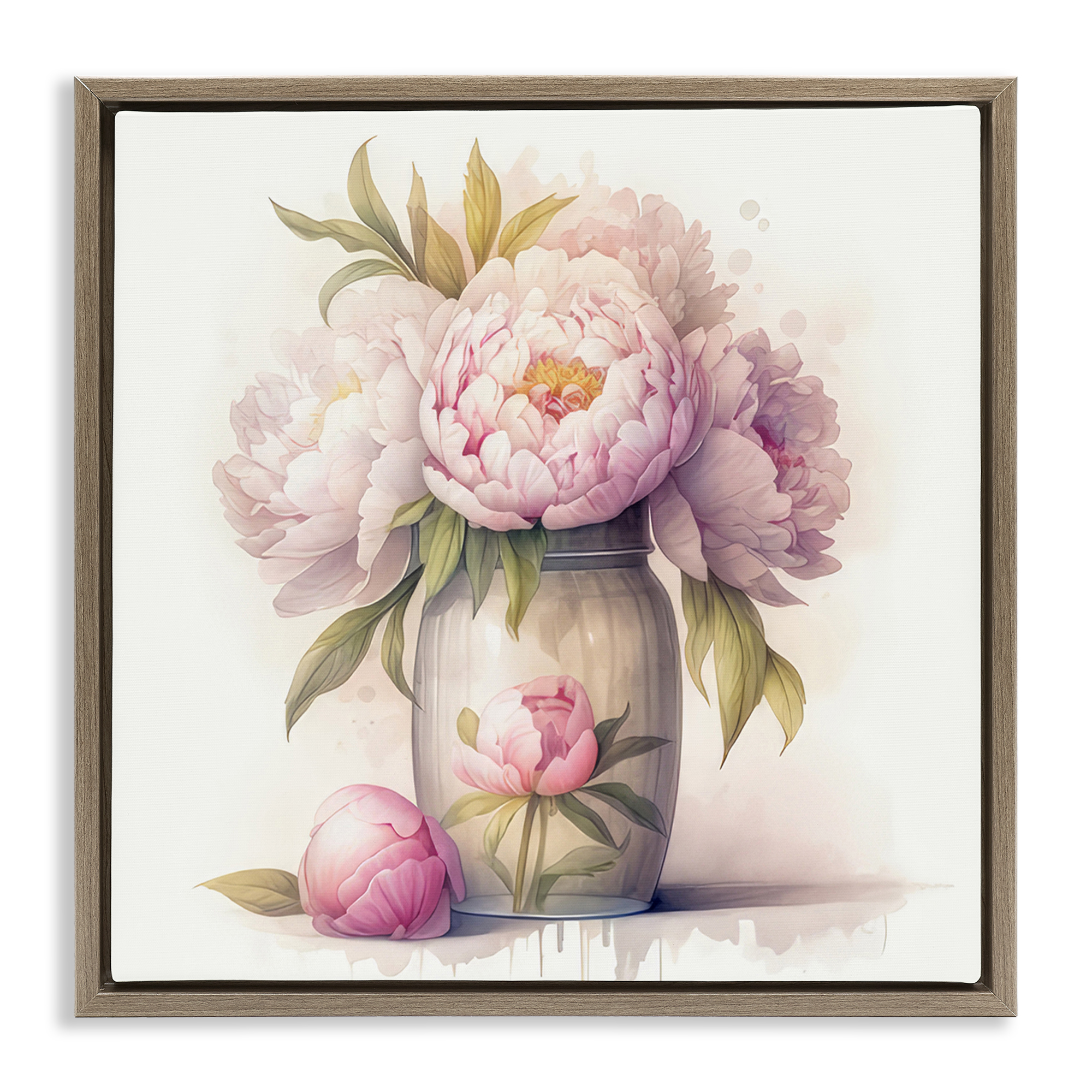 Stupell Industries Soft Pink Peonies Plants & Flowers Painting Brown Floater Framed Canvas Art Print Wall Art, 18 x 18