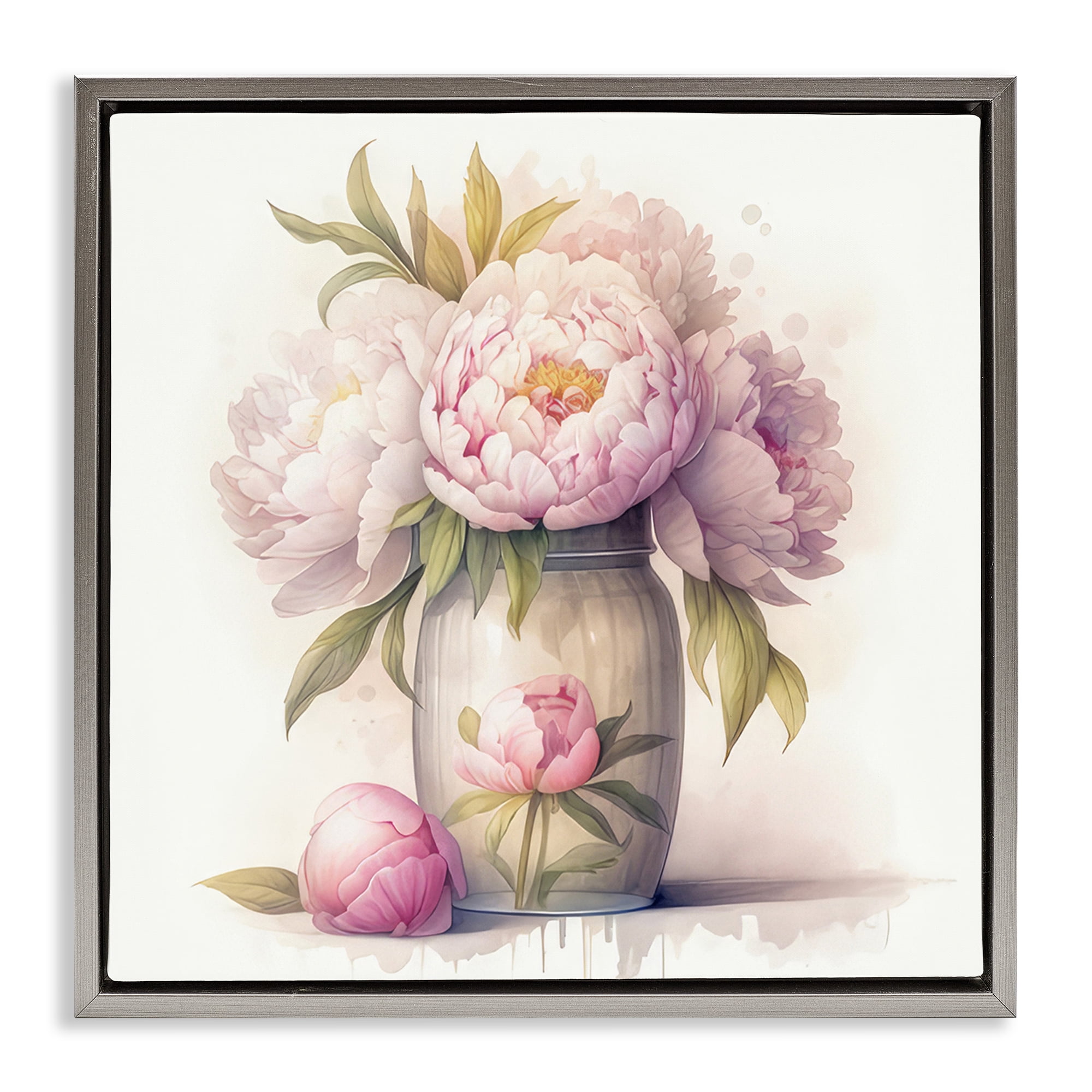 Stupell Industries Soft Pink Peonies Plants & Flowers Painting Gray Floater Framed Canvas Art Print Wall Art, 18 x 18
