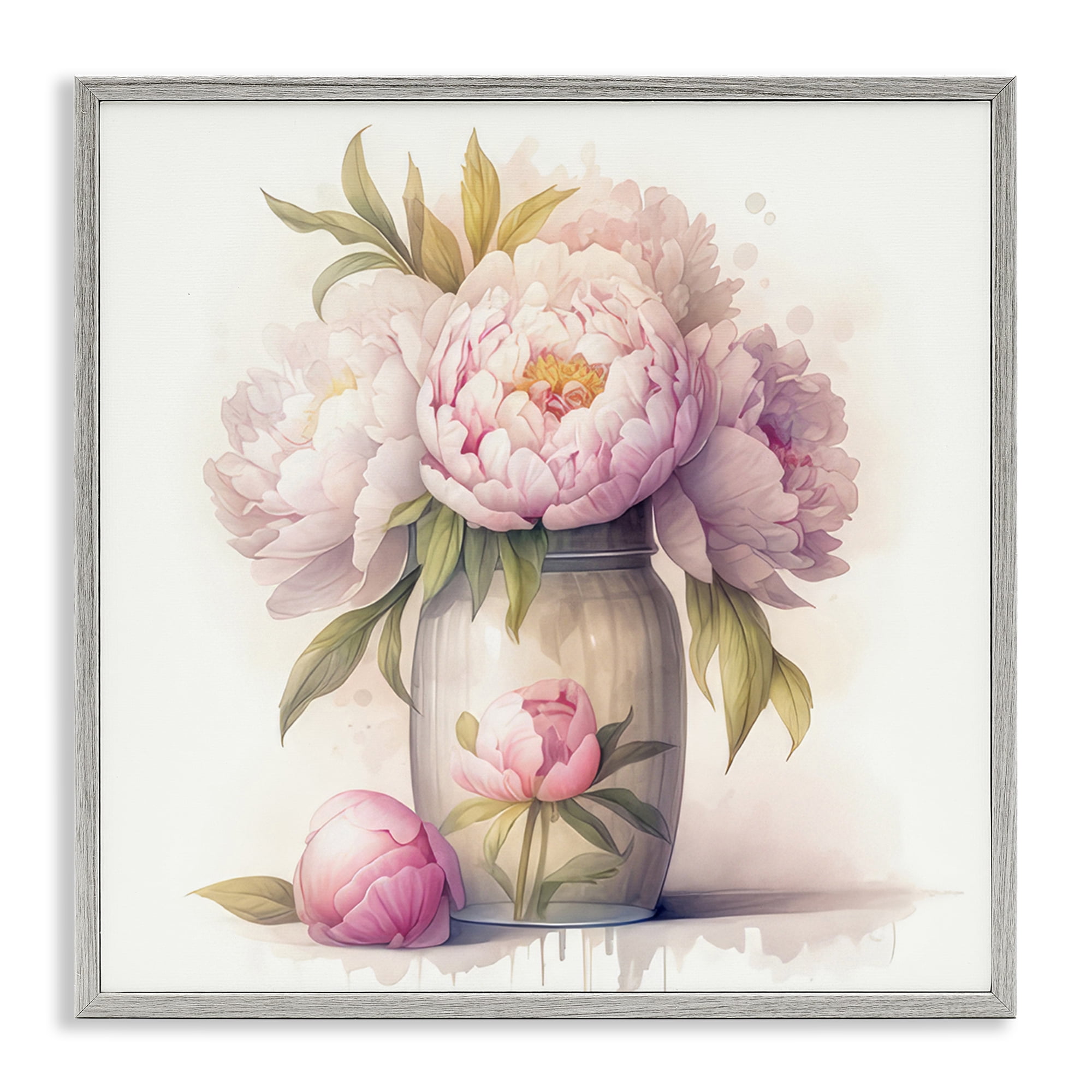 Stupell Industries Soft Pink Peonies Plants & Flowers Painting Gray Framed Art Print Wall Art, 17 x 17