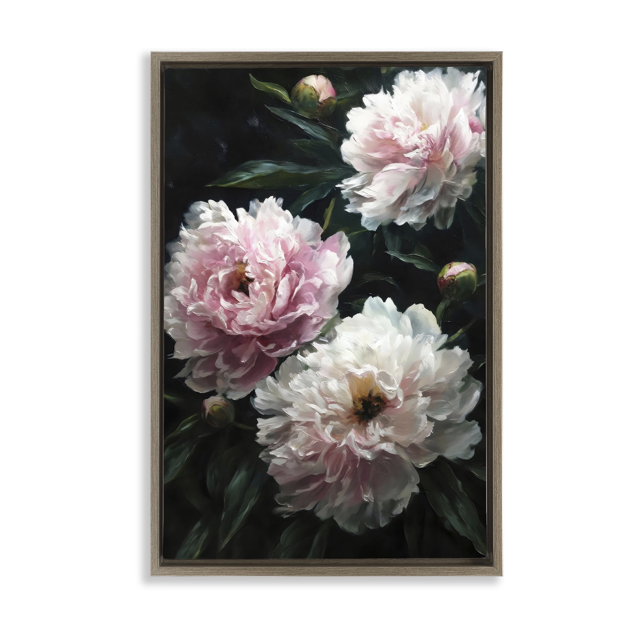 Stupell Industries Soft Pink Peony Garden Brown Framed Floater Canvas Wall Art, design by Petal Prints Design