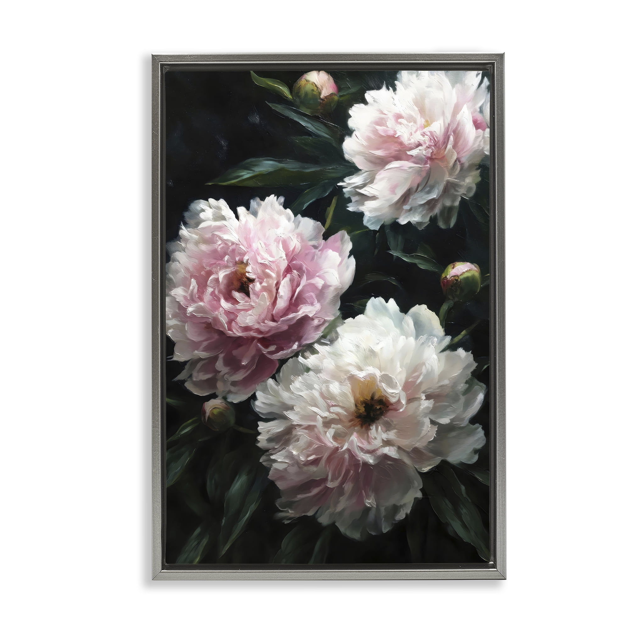 Stupell Industries Soft Pink Peony Garden Gray Framed Floater Canvas Wall Art, design by Petal Prints Design